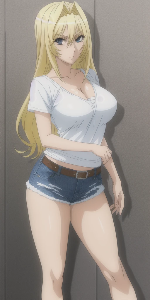 Simple White Background,
Mini bikini,denim shorts, cleavage, bare shoulders,
armbands,
blue eyes, blonde hair,bangs,Long_hair,hairband,
1 girl, 20yo,Young female,Beautiful Finger,Beautiful long legs,Beautiful body,
Beautiful Nose,Beautiful character design, perfect eyes, perfect face,expressive eyes,perfect balance,
looking at viewer,(Focus on her face),closed mouth, (innocent_big_eyes:1.0),(Light_Smile:0.3),
official art,extremely detailed CG unity 8k wallpaper, perfect lighting,Colorful, Bright_Front_face_Lighting,White skin,
(masterpiece:1.0),(best_quality:1.0), ultra high res,4K,ultra-detailed,
photography, 8K, HDR, highres, absurdres:1.2, Kodak portra 400, film grain, blurry background, bokeh:1.2, lens flare, (vibrant_color:1.2),professional photograph,
(Beautiful,large_Breasts:1.4), (beautiful_face:1.5),(narrow_waist), ((arms behind back))