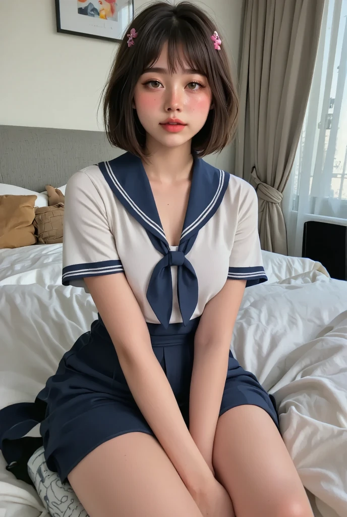 Low angle shot, her room, in underwear, alafed asian woman in underwear, cute schoolgirl, Japan girl, white underwear, surreal schoolgirl, high school girl, surreal schoolgirl, surreal schoolgirl, girl in underwear, middle of changing, high school girl posing, full body, fair skin, small, schoolgirl pants, show off, lovely skin, glowing skin, shiny thighs, shining legs, bob cut hair, (16 years old)