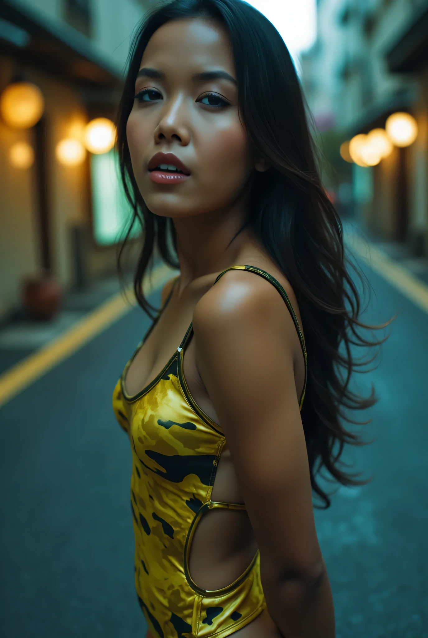Saya sayang awak front posing, (KIMONO COAT CLOSING ALL FINGERS ), Disappointed facial expression, Front posing, Wearing Scarf neck tie, Front posing, SUPER SKINNY, (Thighs and calves huge muscles), (((MOODY FACE EXPRESSION))), "Wearing Hijab perfectly", wearing Scoop Neck Sleeveless neon golden camouflage print Bodysuits strapless swimsuit 'camouflage print', (KEDUA BELAH TANGAN DILETAK LETAKKAN DIBELAKANG PUNGGUNG NOT VISIBLE FINGER) PLEASE DON'T PUT ANYTHING ROPE!!!, THIGHS OPEN WIDE, closing mouth
THIN SKINNY HIJAB INDO MALAY (Singlet ), 1 girl, 'BULGE PUSSY', Half body portrait, (face details: 1), (Eye details: 1), ultra high res. realistic: 1.4, UHD, background Di tengah Kota Yang sepi Di negara jepun, LIGHT BLUE HIGHHEELS AND SQUATTING SQUATTING , MANDARIN LIME DANCING NEON LIGHTS