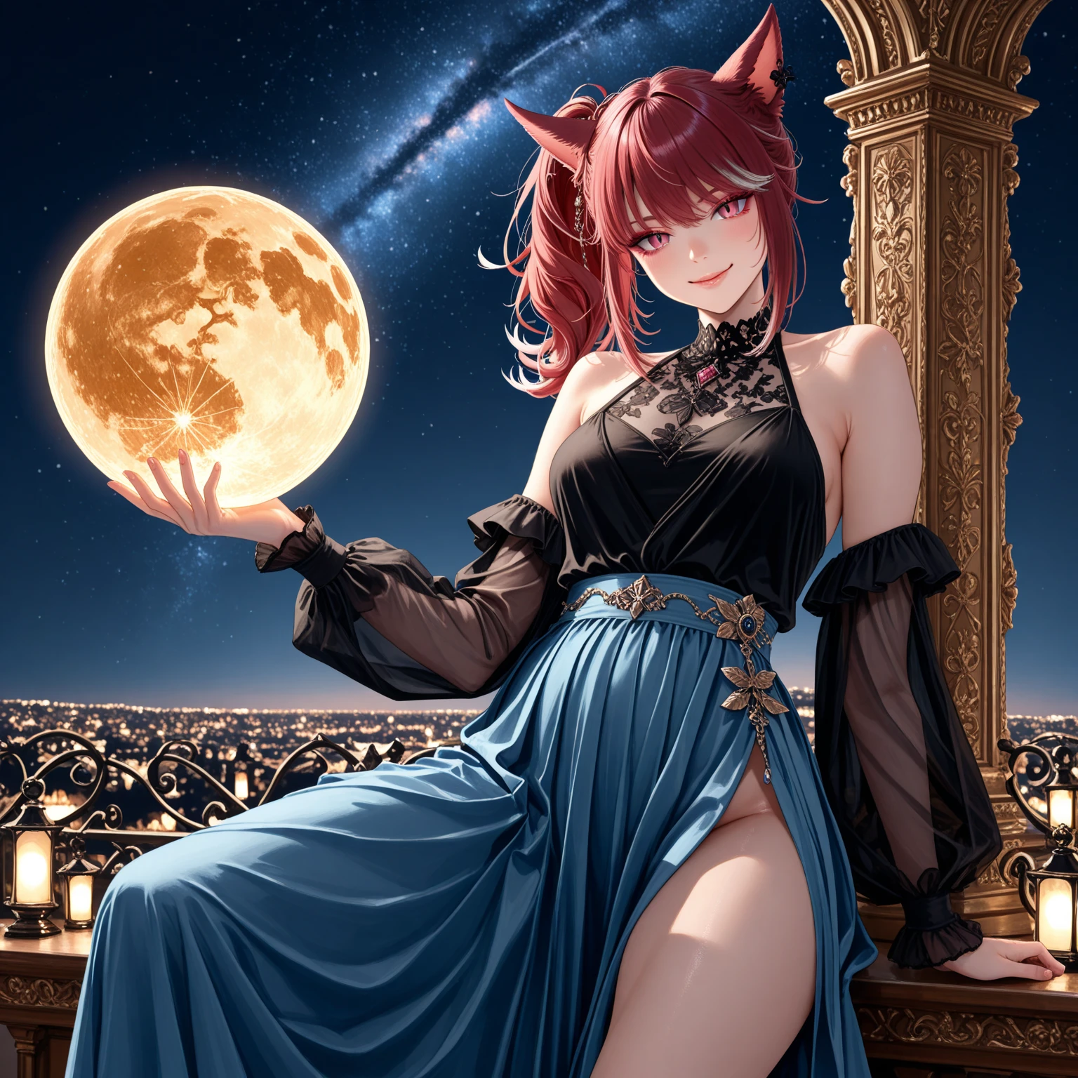 anime woman, large breasts, red right eye, golden left eye, curly short brown hair, short black and red and gold dress, golden star necklace, brown wolf ears, nine brown tails, full body, red spider lily and golden moon and background stars