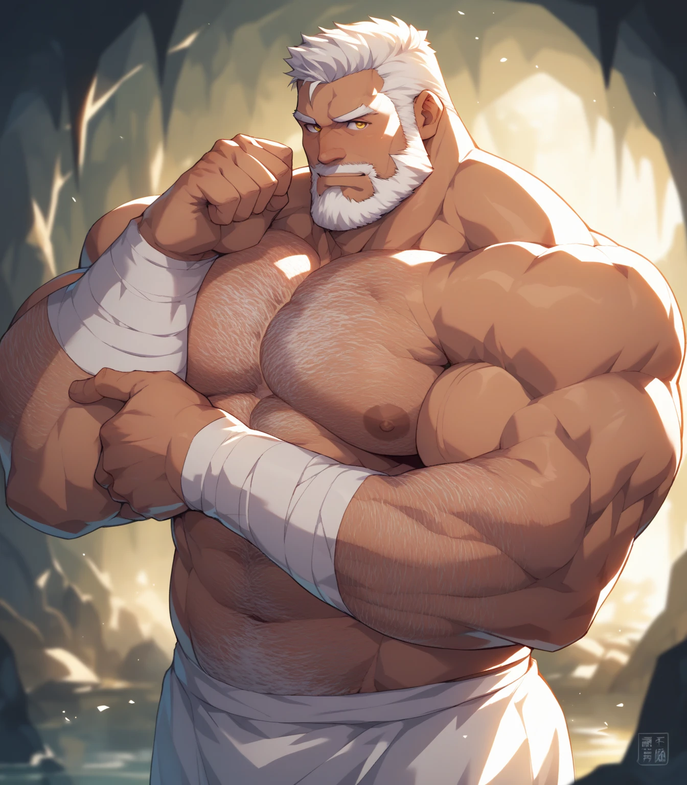 chubby muscular man bear with a gray beard huge eyebrows and huge fangs and huge upperbody wearing black wrestling trunks while sweaty and flexing