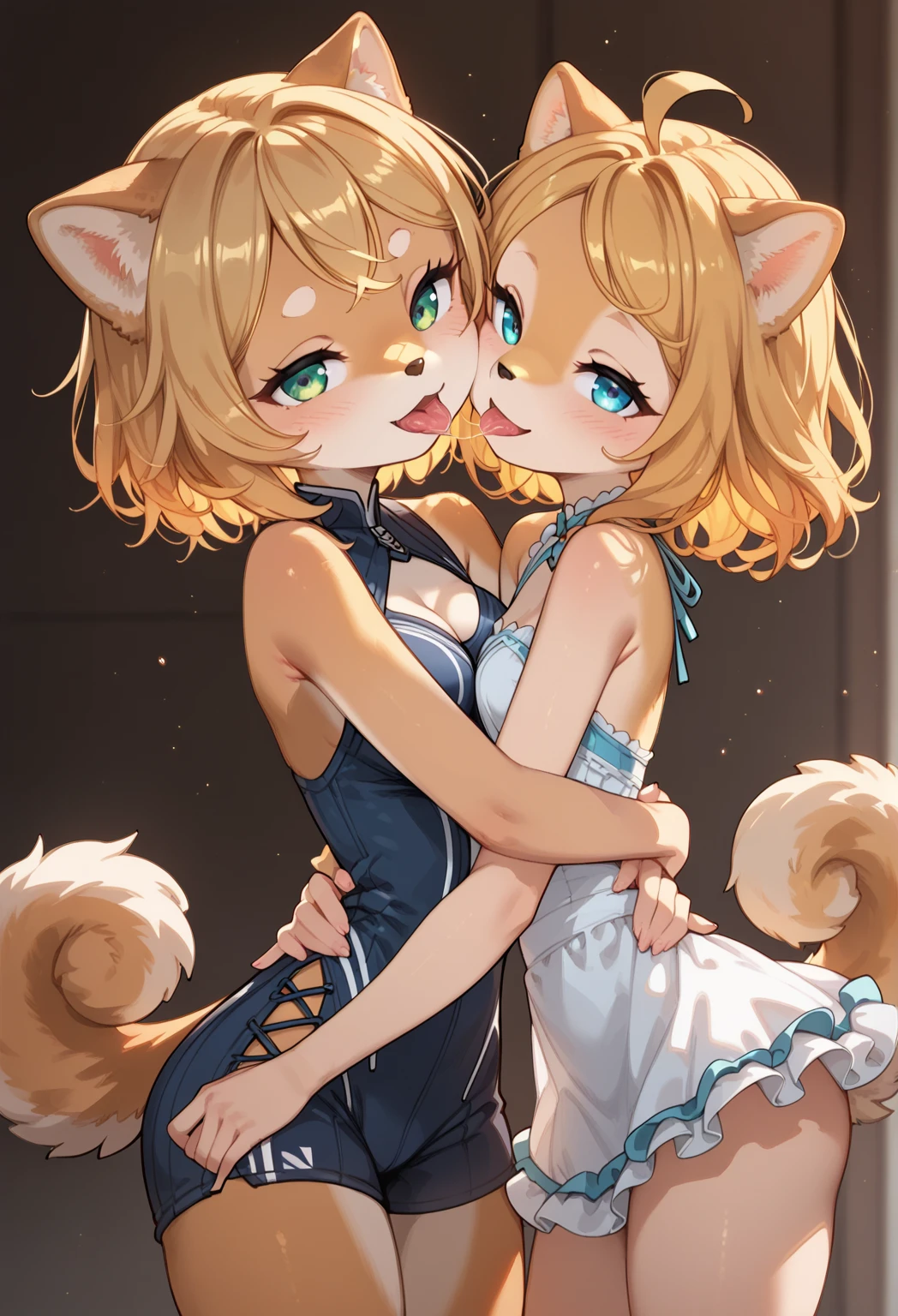 duet, two girls, twins, check_9,check_8_up,check_7_up, kemono style, source_cartoon, Fox, Anthro furry feline, female, tall, slender body, blonde, long cropped hair, pink nose, Blue eyes, white sideburns, hourglass figure, silver fur, gray stripes, furry body, wear only black bra and panties, simple background, one girl crawls towards another girl, they are on the floor, The girl below looks confused, female straddling other female, side view, Mammary gland, bare chest, kissing, girls close-up, beautiful faces, 2 beauties, touch each other tenderly, Love, brunettes, fox, Looking into each other's eyes, naked tits, nipples, small breast size,