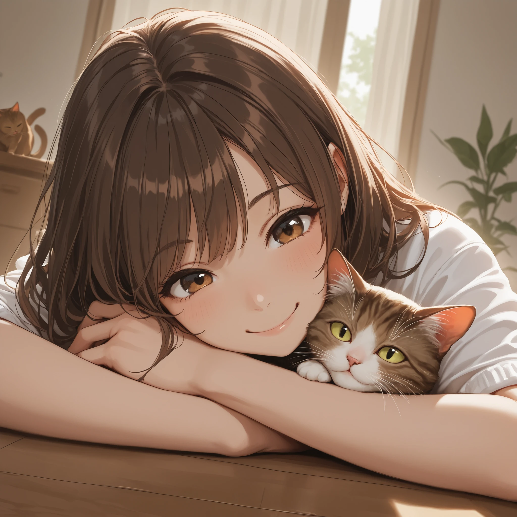 Masterpiece, best quality, High definition, high detail, girl ,brown hair, brown cat, smile face,