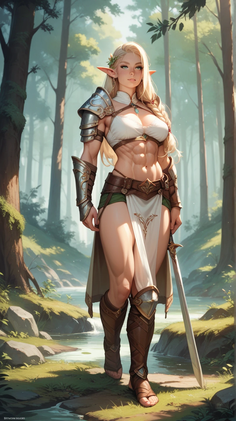 (tmasterpiece) (Best quality) A legendary and beautiful Viking warrior armed with an impressive axe and a large round shield. She was in an open-air temple in a clearing..............., windy day. She is beautiful, Muscular stuff, He had rune tattoos all over his body. (((Only one woman))) ((Large of breast))