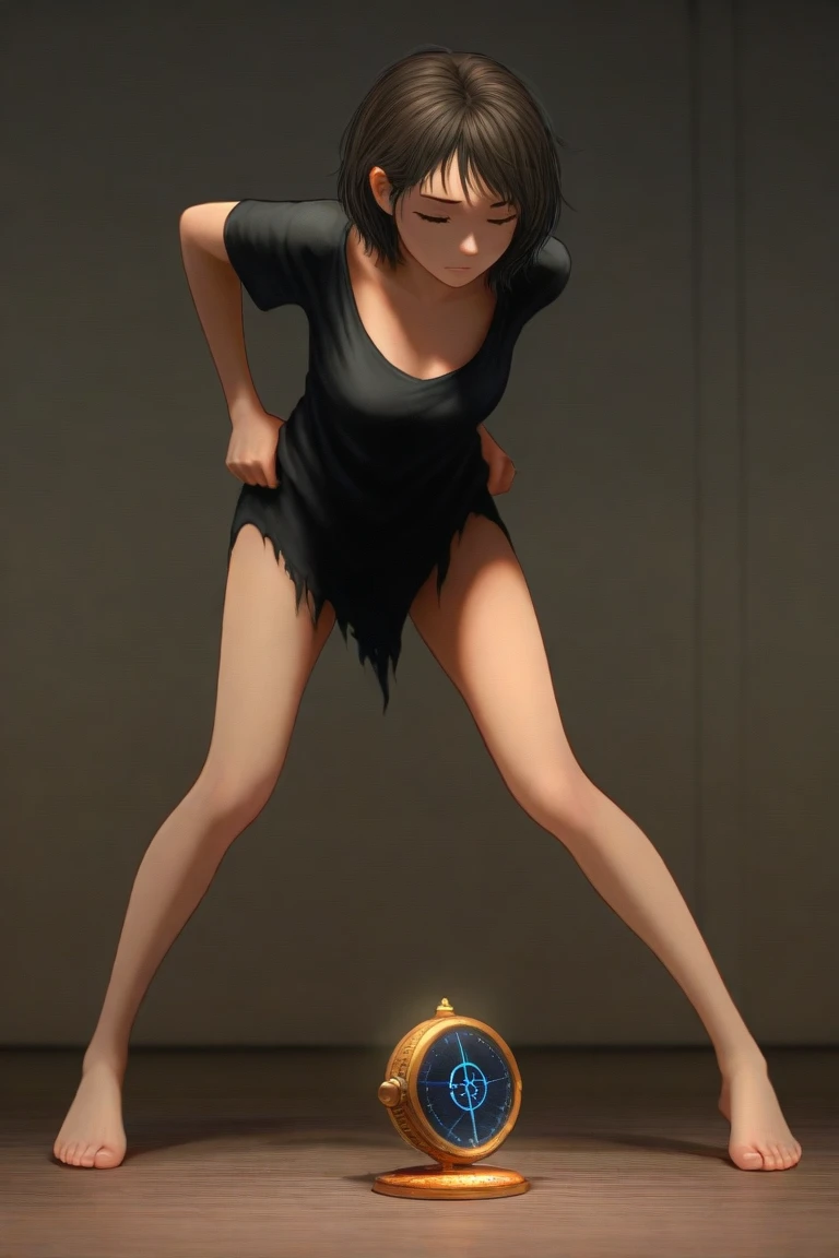 ((masterpiece, best quality)),(complex light), 1girl ,solo, full body, lucy loud, hair over eyes, Swimwear , striped pantyhose, walking, chibi,