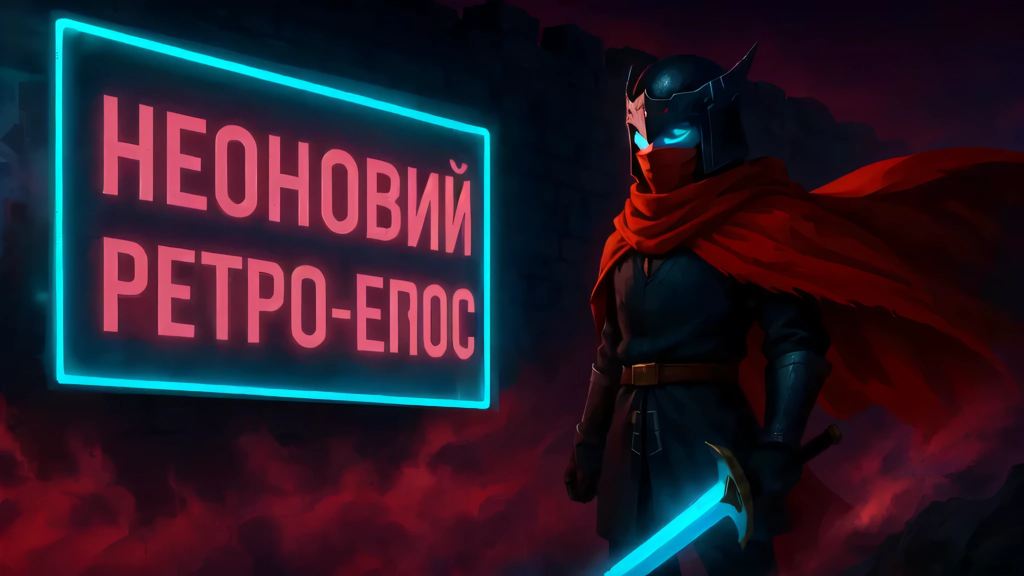 Drifter, hero from Hyper Light Drifter fanart artsation, A cinematic 16:9 wide digital illustration in a semi-realistic gothic anime style, inspired by Hyper Light Drifter.
A dark, ancient stone wall of a massive ruined castle covers the entire background. The wall is partly overgrown with moss and vegetation.
On the left side of the wall — a glowing neon sign with pale-pink gradient text framed in bright cyan:
"НЕОНОВИЙ РЕТРО-ЕПОС"
Light fog with subtle neon reflections spreads near the ground.
On the right foreground, a lone warrior (the Drifter) stands on a cliff. His red cape dramatically flows in the wind.
He is backlit with soft bluish rim lighting to create silhouette contrast.
Moody atmosphere, vivid neon-pink, cyan, and deep blue accent tones. A hint of mystery and retro-futuristic melancholy.
!strictly match the Drifter's appearance from references!
🧍♂️ Drifter Appearance Description (based on references):
Helmet: Smooth, rounded steel helmet with high anime-style side horns. It fully covers his head and ears. Front has a glowing orange emblem with angular shapes.
Eyes: Large, expressive dark blue glowing eyes, not monstrous — calm, human, and slightly mysterious.
Face: Covered by a red scarf/mask, only the eyes visible.
Cape: Large flowing crimson cape with two-tone red layers. Dynamic, full of motion.
Outfit: Fitted dark tunic or coat with armor details. Minimalist, slightly tactical, semi-futuristic.
Belt: Simple leather belt with a squared buckle.
Sword: Glowing blue-energy blade, elegant and iconic.
Pose: Heroic and calm. Standing firmly, facing forward but with a side glance. Slight tilt of the body.
Lighting: Soft volumetric light and rim glows for mood and depth.