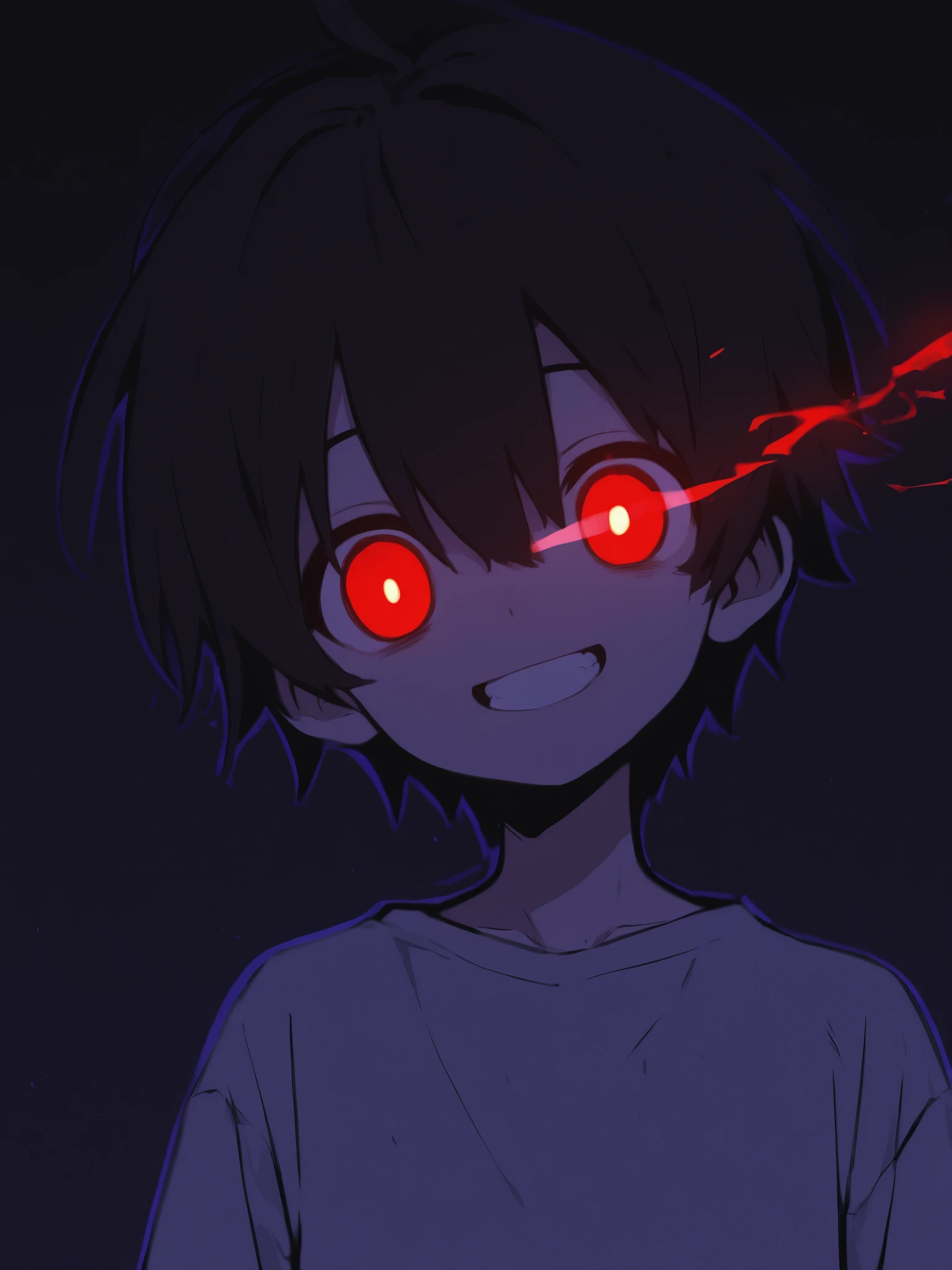 male, is cool, young, yandere, crazy, smile, red eyes, glow stripe, red flash, eye flash