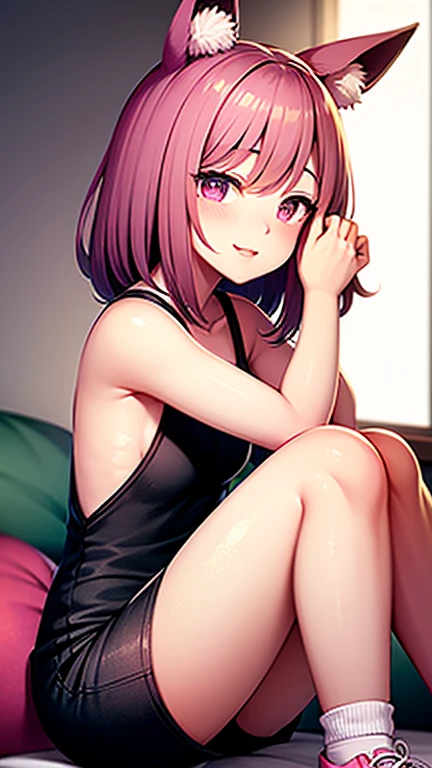 Astolfo, ((Femboy)), Anime, (Masterpiece:1.25), Best quality, High resolution:1.35, RAW photo:1.2, Detailed CG, Dreamy, Curvy build, Skinny, Slender body, Fine detailed beautiful eyes: 1.2, Embarassed Expression, Erotic thighs, Lustrous skin, Photon maping, Cinematic lighting, Full body shot, Dynamic angle, ((Tank top)), Show armpits, (((Sitting on bed))), Cute face, Long eyelashes, detailed eyelashes, eye shadows, glowing eyes, realistic eyes, Natural makeup, Clear facial features, Hyper detailed face, Lip details