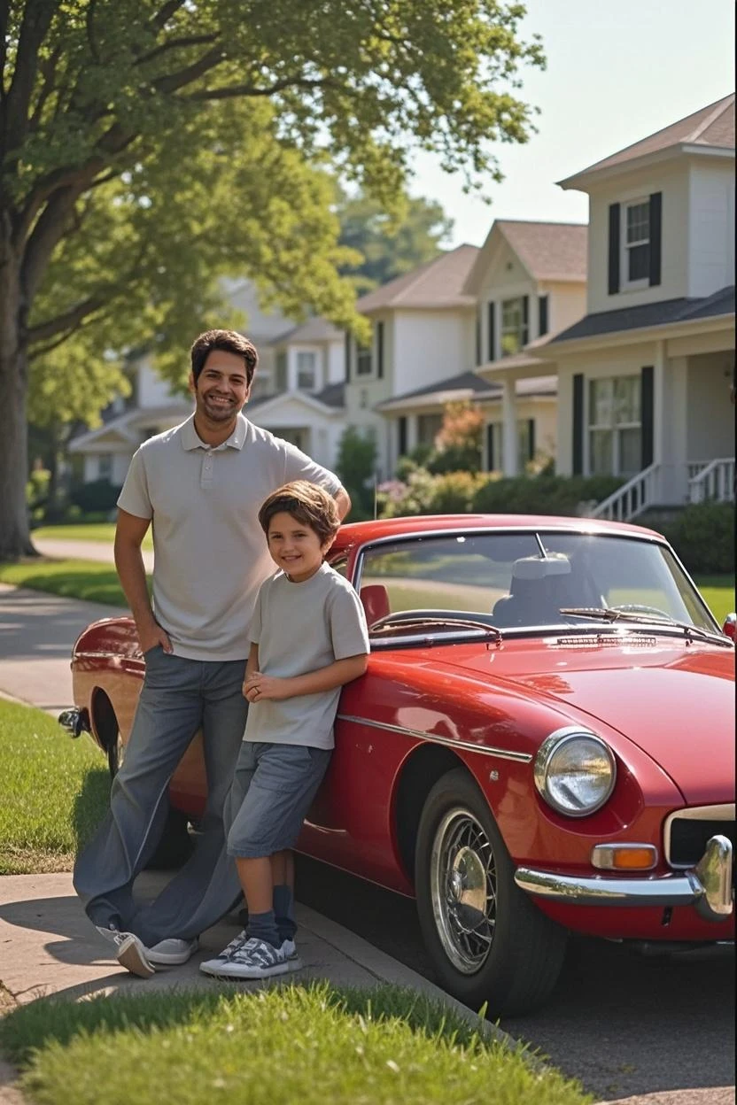 Dad and boy each in a muscle car on the road
