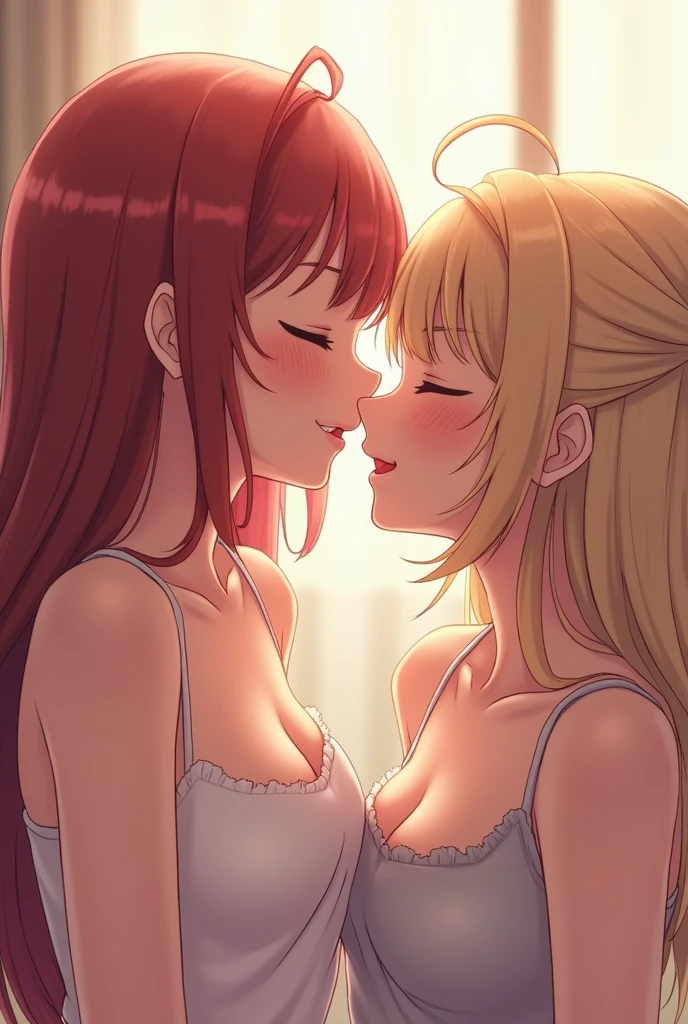 (ultra-detailed, epic realism), bokeh, itricate details, kissing, 2girls facing each other, chest against chest, kiss, red head and blond girl, lace and sexy underwear, indoors, narrow storage room, detailed background, twilight, intimacy, soft lighting