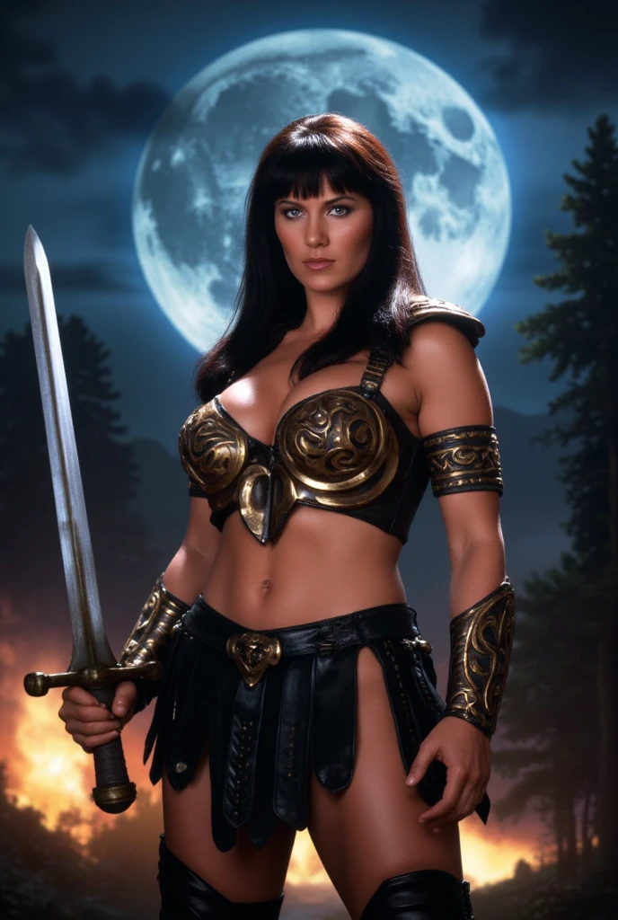 Gorgeous Lucy Lawless as Xena Warrior Princess, sexy masterpiece, front view, outside in forest, best quality, highest quality, high definition, highly detailed, 8K, athletic and fit body, naughty, perfect hands, detailed hands, perfect eyes, detailed eyes, flirty, sexy, realistic, HDR, UHD, dynamic,