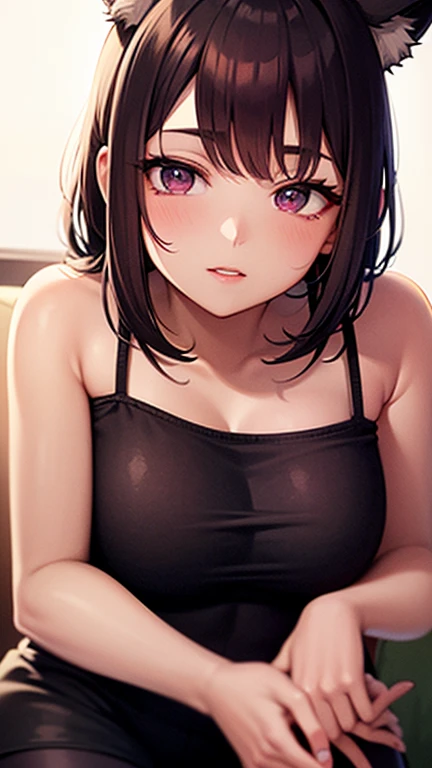 a short sexy woman wearing purple t shirt and black tracks, lying on bed, head on pillow, eyes closed, lips parted, blushing intensely, ready to kiss