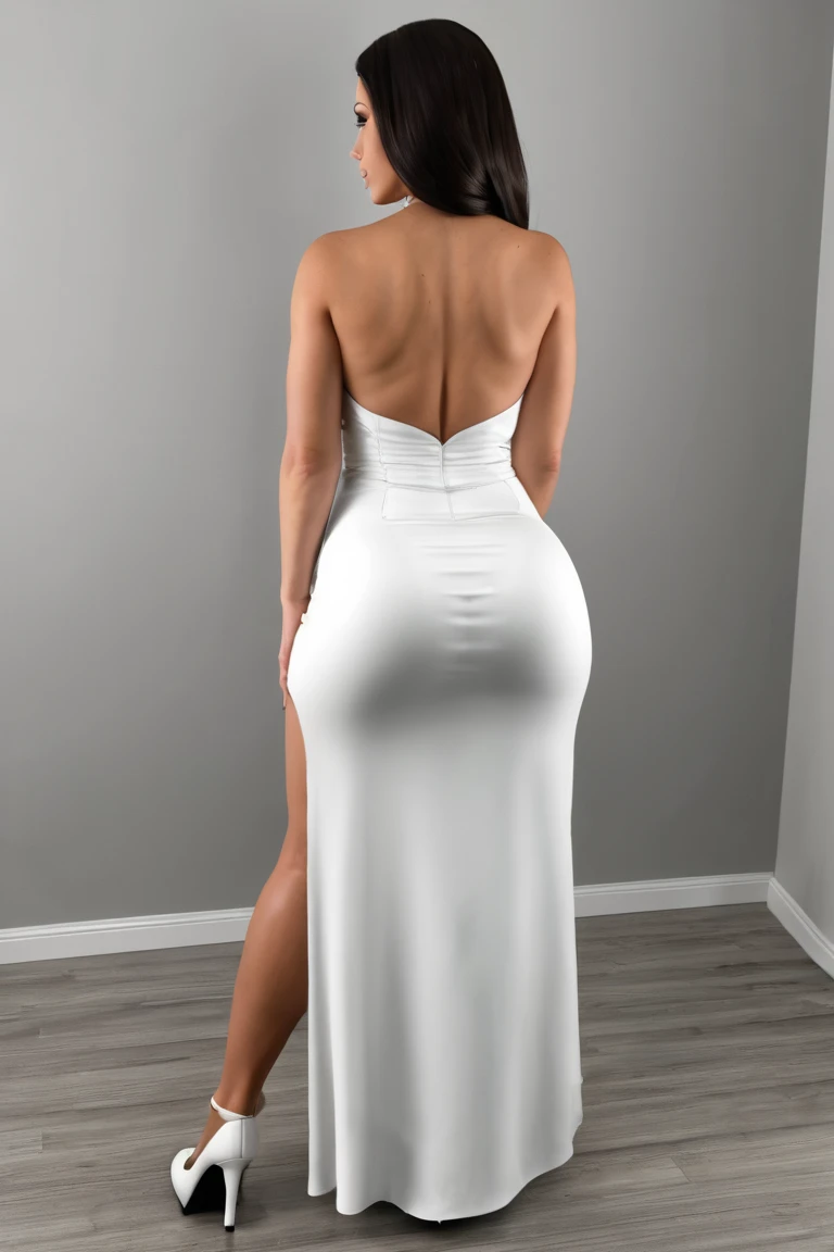 As she walks away, her dress hugs her curves in all the right places, highlighting her perfect hips and rounded buttocks. The open back design reveals a tantalizing glimpse of smooth skin, drawing the eye down to the subtle curve of her lower back along with the top half of her ass. The fabric clings to her like a second skin, showcasing her toned physique in stunning detail
