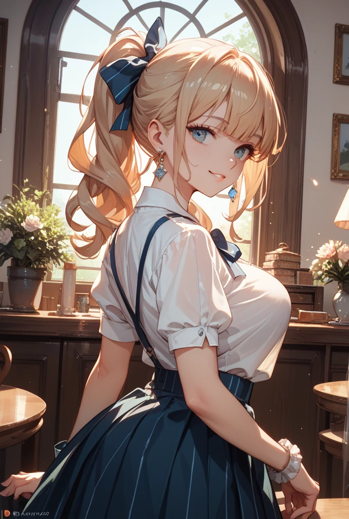 Browsing Caution:1.4, 8k, expensiveest quality, masterpiece, Vibrant, Real person, Unity 8k による壁紙, School classroom、Sit at a desk、Sit with your legs apart、(1 girl) , Beautiful Eyes, (Delicate face) , Perfect detail, (Best lighting) , (超Complexdetailed),、(Shooting from below:1.5)、Peeking out from under the skirt、Cowboy Shot、{Low Angle:1.4}、Showing panties、Laughter、Smiling girl、expensive , {Navy Blue Blazer:1.2}、{White shirt}、{Yellow ribbon}、{Grey pleated skirt}、((Small breasts:1.2))、Wearing a proper uniform、(1 girl),(Beautiful Eyes、detailedに描かれた、Look at the detailasterpieceサイドライト、masterpiece、expensiveest quality、detailed、High resolution illustrations),Delicate makeup, (close:1.2)、throw、Soft focus ground bokeh、Turn to me and smile,black eye,Half-up hairstyle with short bangs((blonde)))、Curly Hair,short hair, ((Low twin towel:1.3), (Short pigtails:1.3), 非常にdetailedな, Complex, Tabletop, Small Ass、thin texpensives