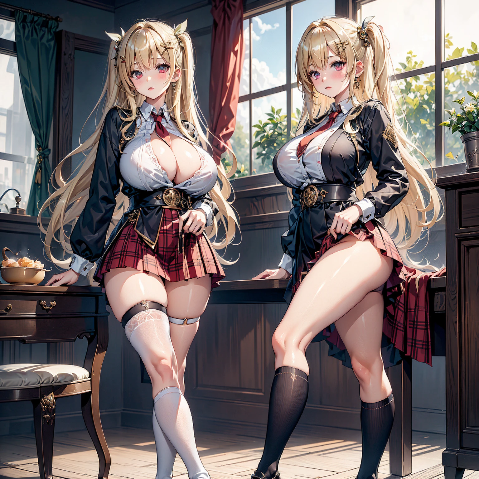 1girl, smile, ((blond long hair,Between dates.)),(( open shirt, white collared shirt)), ((Cleavage is visible.)), medium breasts, skirt,((thigh-high socks)), shy, blushing, 1girl,((tan, dark skin)),((short sleeves))