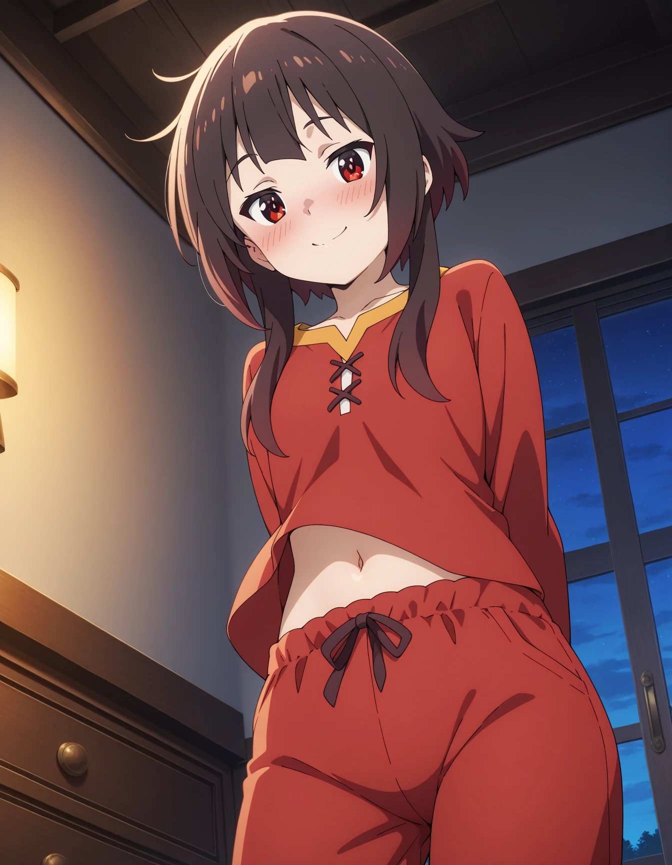 masterpiece,highest quality,High resolution,Very detailed,yes,Long Hair,Braiding,Twin tails,Hair between the eyes,Hair Ribbon,hair ornaments,Big Breasts,(Yellow off-the-shoulder pajamas with white sleeves:1.2),bed,The best smile,With her legs open, her pink panties are visible,No pants,Sweat,Wet,Red Eyes、Open your mouth a little、The face blushes、Beautiful eyes