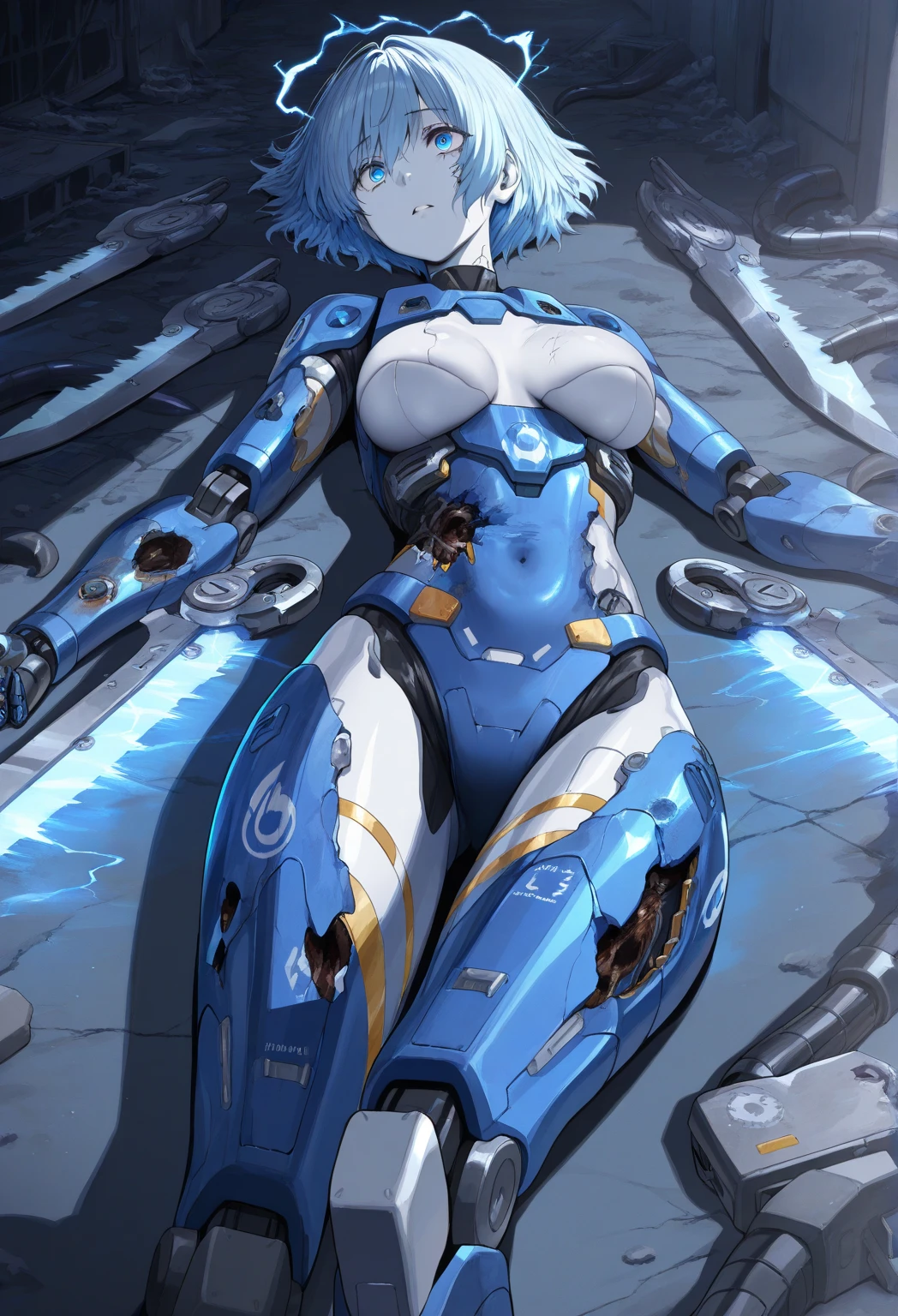best quality, lying, adventurer, science fiction, robot armor, tubes, wires, cables, drugged, machinery, white hair, messy hair, white skin, blue eyes, (empty eyes:1.5), medium breasts, intricate details, cinematic lighting, dazed, expressionless, (corruption:1.5), mechanical parts, in container, dirty, junk, filthy, (cracked skin:1.4), chromatic aberration