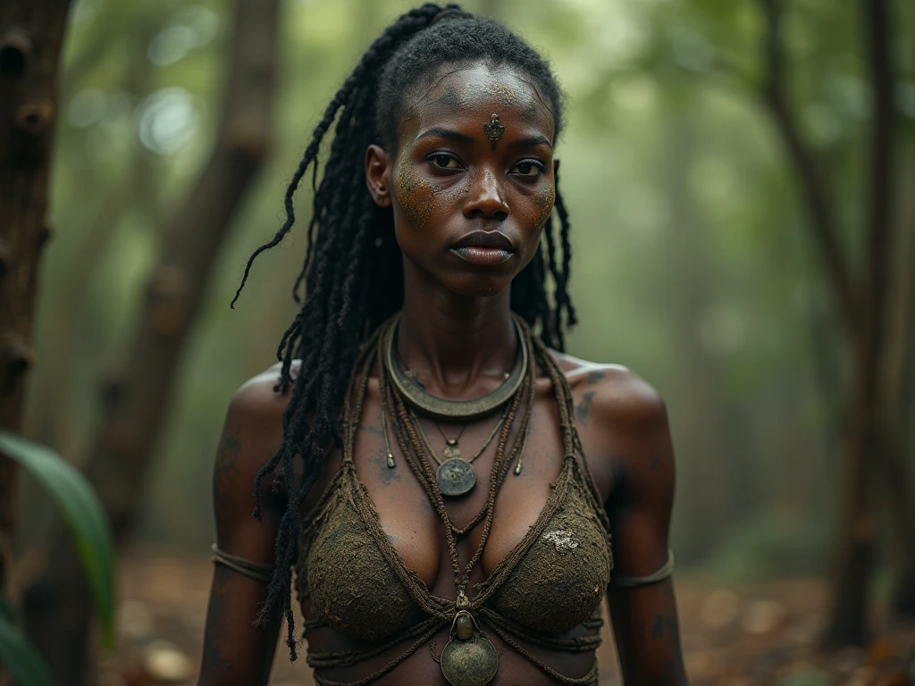 Masterpiece picture, masterpiece photography, hi-resolution picture, full body picture, 45yo black woman. Slave woman, colonial era, dressed in worn, ragged and dirty clothes, detailed slavery apparel. Huge breasts, wide cleavage breasts, naturally sagging and skinny body, curly messy dirty hair, big brown eyes. Restless and fear face expression while walking along a forest path in broad daylight holding a long rust chains. Detailed forest surroundings. Wearing extremely detailed slavery apparel. (shallow depth of field))