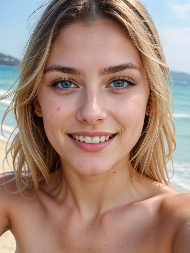 professional, (4K photo:1,1), (Focus:1,3), high detail, (Angelique Kerber:1.1), (attractive woman:1.3), (seductive:1.1), beautiful detailed face, grey eyes, blonde hair, (blushing:1.1), Beautiful athletic body, very small breasts:1.2, beautiful smile, at the beach, nude in topless but handbra, beautiful armpits, Selfie for Instagram, just face close up