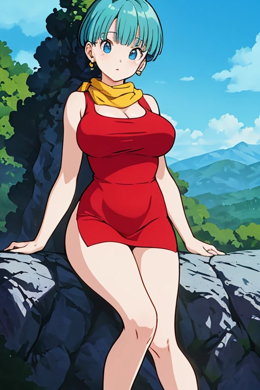 masterpiece, best quality, highest quality, (perfect lighting), (photorealistic), perfect anatomy, perfect face, perfect eyes, 
 bulmadbzreddress, aquamarine hair, short hair, blue eyes, earrings, red dress, yellow scarf, blue sky, clouds, on a cliff looking at a city, (BishoujoMom: 1.5), very tight red dress, legs that open, ((huge breasts, cleavage))), ((thick thighs, hourglass figure)), (topless), 1.5) ((thick red liplue eyes)), ((aquamarine hair)) photorealistic, photo, masterpiece, realistic, realism,  photorealism, photorealism, high contrast, photorealistic digital art trend on Artstation 8k HD HD realistic detailed, detailed, skin texture, hyper detailed, realistic skin texture, best quality, ultra high resolution (photorealistic: 1.4), high resolution, detailed, raw photo, sharp re, by Lee Jeffries nikon d850 film stock photography 4 Kodak Portra 400 camera F1.6 lens rich colors realistic texture hyper-realistic dramatic lighting unrealEngine trend in ArtStation CineStill 800,bulma and master roshi 