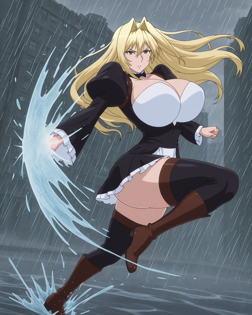 best quality, masterpiece, ultra high res, detailed background, realistic, 1girl, solo, female, muscular, mature female, long hair, blonde, makeup, purple lipstick, standing, open arms, open legs, sticky dress, open mouth, huge smile, closed look, happy, expression of fascination, surprise, square, real shadow and light, depth of field, huge breasts, torn dress, looking at the viewer,  sunglasses falling, strong wind in the face, strong wind in the hair, loose hair, Konosuba, sweaty, wet
