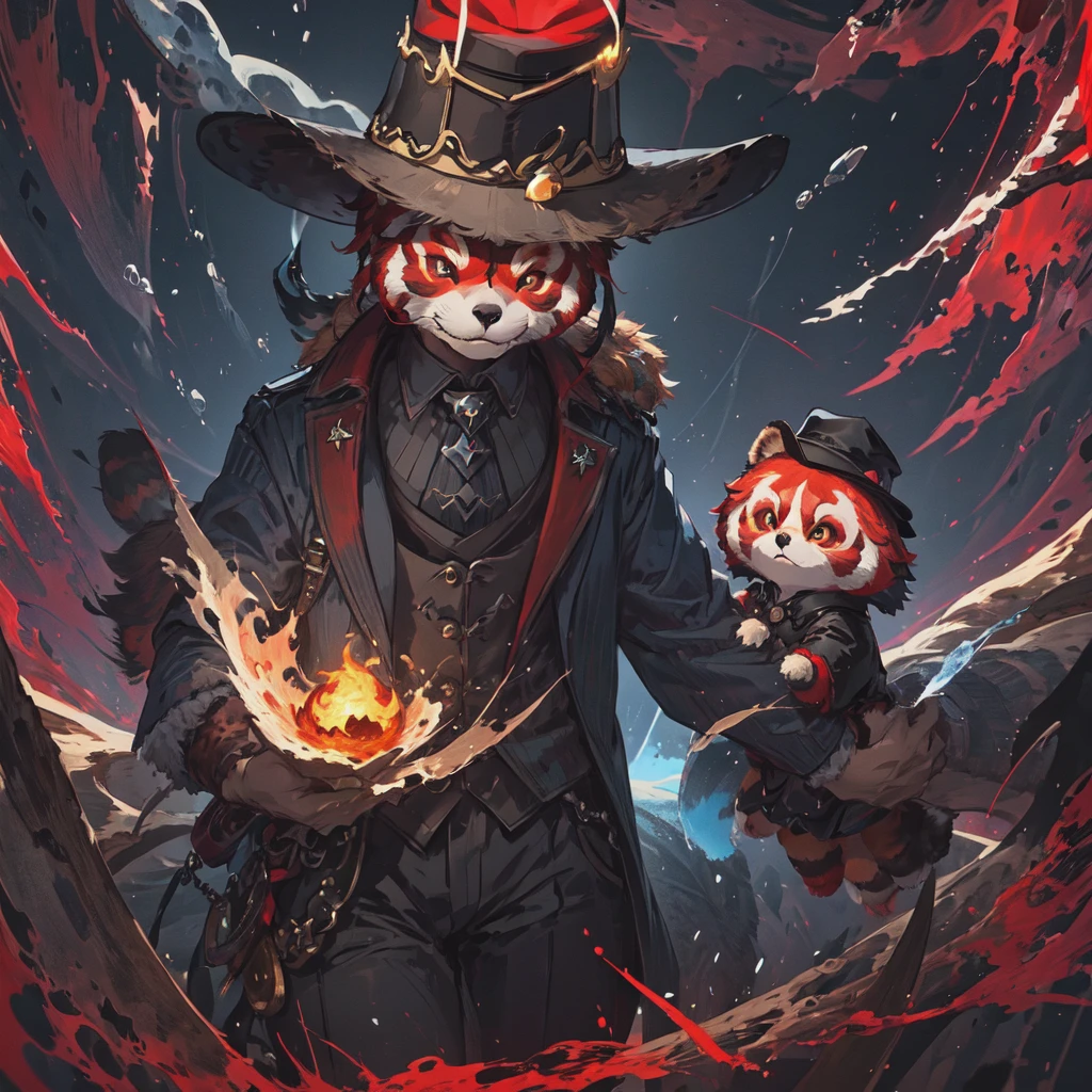masterpiece, high quality portrait, 3D realistic CG, dramatic lighting, intricate details, sharp focus, 16k, anthro, furry, (cub), (whiskers), solo child boy, wizard hat, cape, scarf, (laughing), (red orbs), (blood magic:1.4), (reaching hand out), (by kekitopu), (far shot)