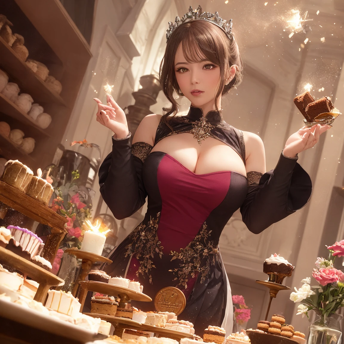 (((Masterpiece))),(((Super Detail))),(((in 8K))),(((best composition))),(((Rim lighting,Fireglow effect,deep shadow))),solo,(Hatsune Miku:1.0),(small breasts:1.2), (perky chest:1.2), (pointed chest:1.2), (Pudding cake magazine cover:1.3),(from above:1.0),(shoot from the side:0.9),masterpiece, 1girl, Amazing Cleavage:1.1, thin waist, Beautiful fingers,Detailed finger features,(Detailed hair features:1.7),detailed facial features,detailed clothes features, (perky chest:1.1), (pointed chest:1.3), looking at viewer,beautiful detailed eyes,double bun with glittering hair ornament,(super detailed glossy skin:1.3),slender body,tits,goddess smile,((mouth little smile open)),beautiful posture,cheongsam dress,(blue with silvr gold thread embroidery,super delicate floral pattern:1.2),seductive cleavage:1.3,beautiful glossy legs,shiny red high heels,lifting dishes with cakesd,french restaurant,hustle and bustle,rising steam,(((depth of fields)))