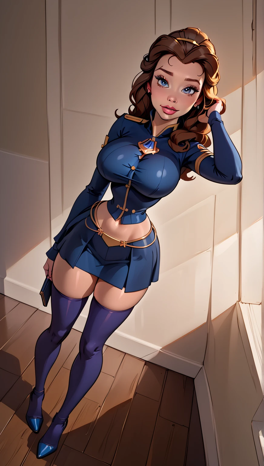 Full body sketch in a pose of Latin woman Kari Arryn, perfectly shaded body, 21 years old, short brown hair, laugh, blue eyes, long eyelashes, perfectly outlined eyebrows, leather jacket and warrior mail, legs covered in armor, nails long, brown hands, burnished skin, inside view, big open mouth, beauty, red lips, white background, clean, detailed, realistic and perfect proportions from a SFW digital art illustrator.