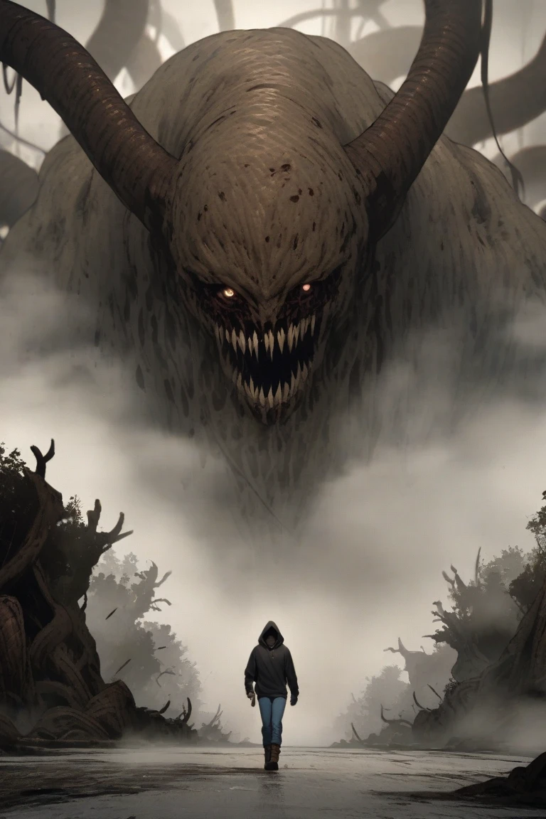 creating a world of its own, techniques, a story with a known end, shading, dreamlike, numbers, the narrative has a predetermined conclusion, fangs, black eye injury, painter, creating a hauntingly beautiful and surreal atmosphere, creature, composition, david nordahl, tentacles, rosa farrell, the artist, casting an ominous shadow on its inhabitants, glossy, neon, and terrifying creature looms over the small village, determined