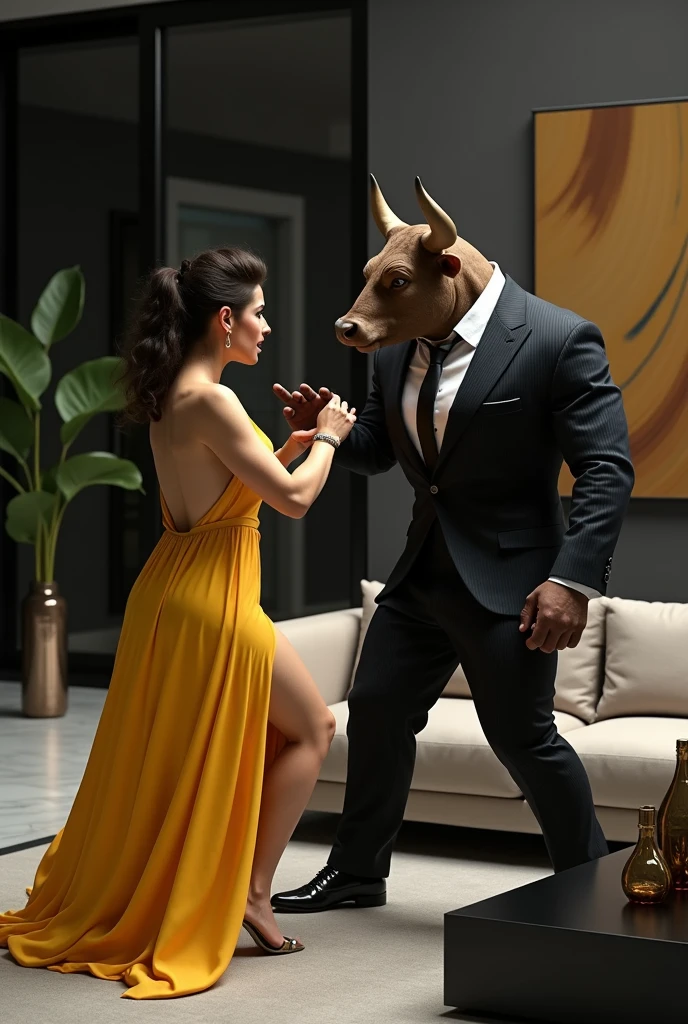 Pit Bull couple wearing stylish clothes at a dinner in super sharp elegant restaurant 