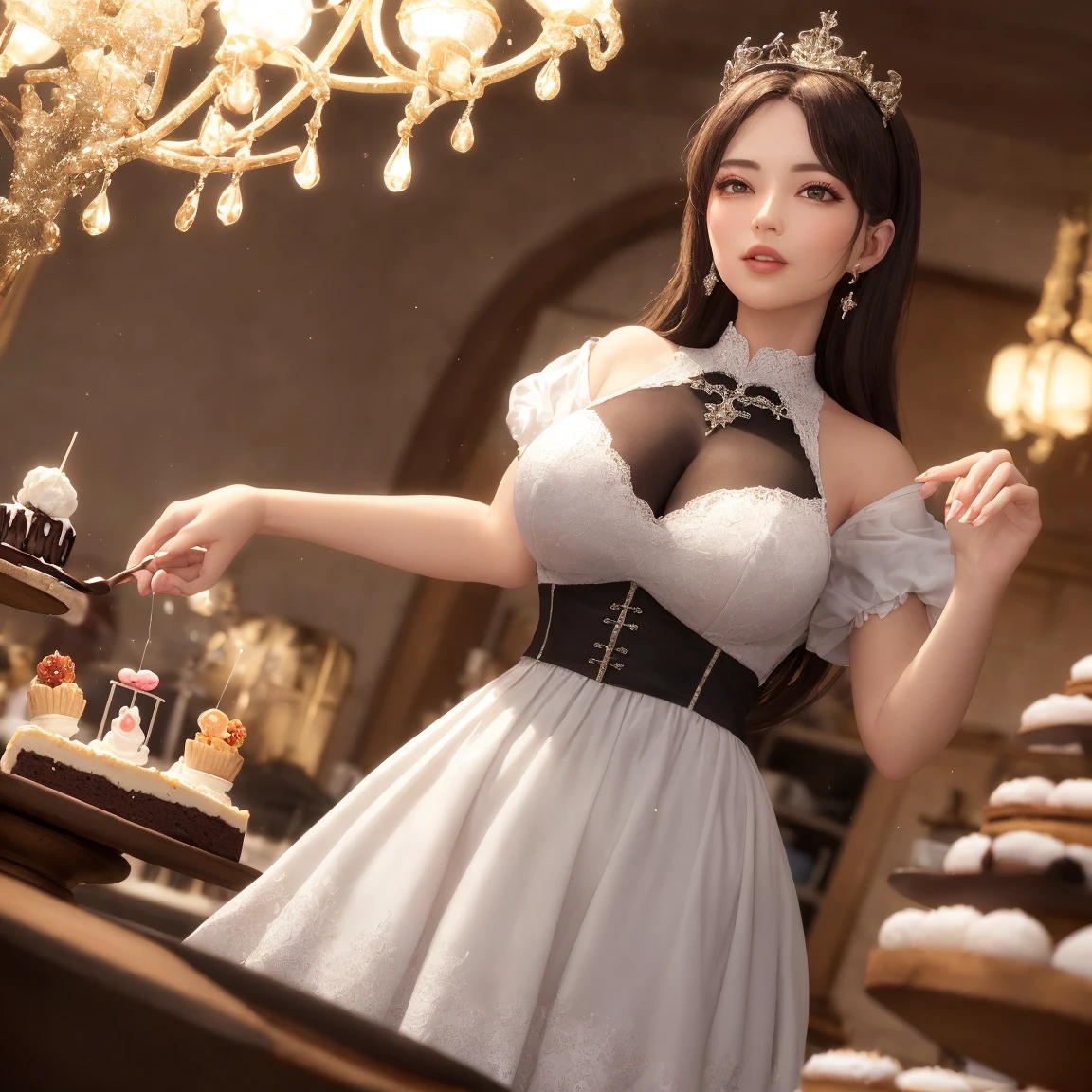A beautiful girl，brune,long hair,elaborate dress,sexy dress,Birthday cake in both hands in beautiful restaurant