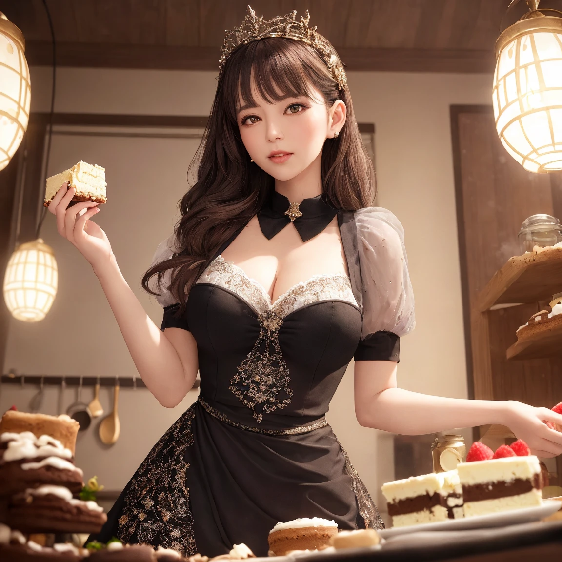 A beautiful girl，brune,long hair,elaborate dress,sexy dress,Birthday cake in both hands in beautiful restaurant