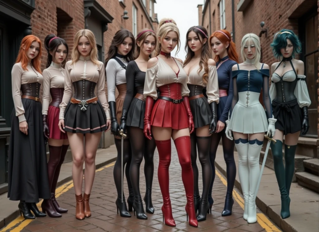 multiple sexy girls with rifles wearing dresses and stockings protects princess in bride dress