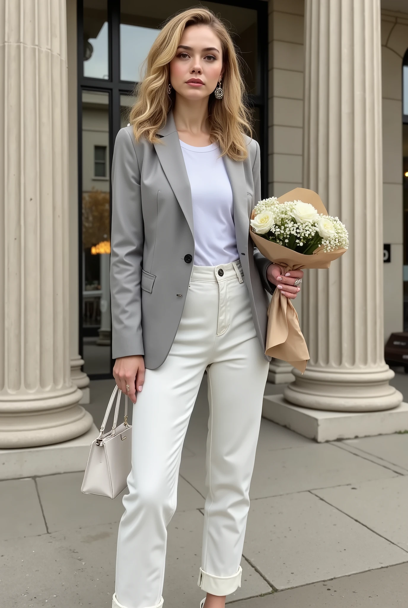The woman stands casually in front of a building with large stone columns, creating a backdrop of urban sophistication. She is wearing a light gray oversized blazer over a white top, complemented by white cuffed pants that give the ensemble a relaxed yet stylish look. Her footwear is casually stylish, consisting of white sneakers that are perfect for walking around the city. In her left hand, she holds a small minimalist white bag, while her right hand embraces a bouquet of white flowers elegantly wrapped in brown paper, adding a fresh and natural element to the image. The overall atmosphere is modern and calm, with neutral tones and soft lighting emphasizing a serene ambiance. The setting appears urban, possibly suggesting a professional or casual meeting. Her hair is styled in large curls, enhancing her stylish outfit, along with light makeup and matching accessories, including rings and earrings. photorealistic, (hyperrealistic), photorealism, hyperrealism, (ultrarealistic), (8K resolution), (detailed), (Instagram model), (professional photography), (masterpiece, best quality), identical eyes, detailed eyes, detailed pupils, detailed clothing, striking eyes, captivating eyes, piercing eyes, ((innocent eyes)), full lips, plump lips, toned lips, toned body, athletic build, toned hips, large butt, high breasts, (((full-length photo))), 8K, UHD, (large expressive eyes), perfectly smooth skin tone with a warm undertone, soft natural radiance of the skin without visible pores, freckles not very noticeable, pink cat, hairless cat, small waist, masterpiece, super quality, ((young face:1.5)), slender body, excessive detail, professional photography, perfect face, (face detail:1.3), (full lips), realistic photo style. ((the girl is smiling)), THE PHOTO IS TAKEN a little from a tilted angle from top to bottom