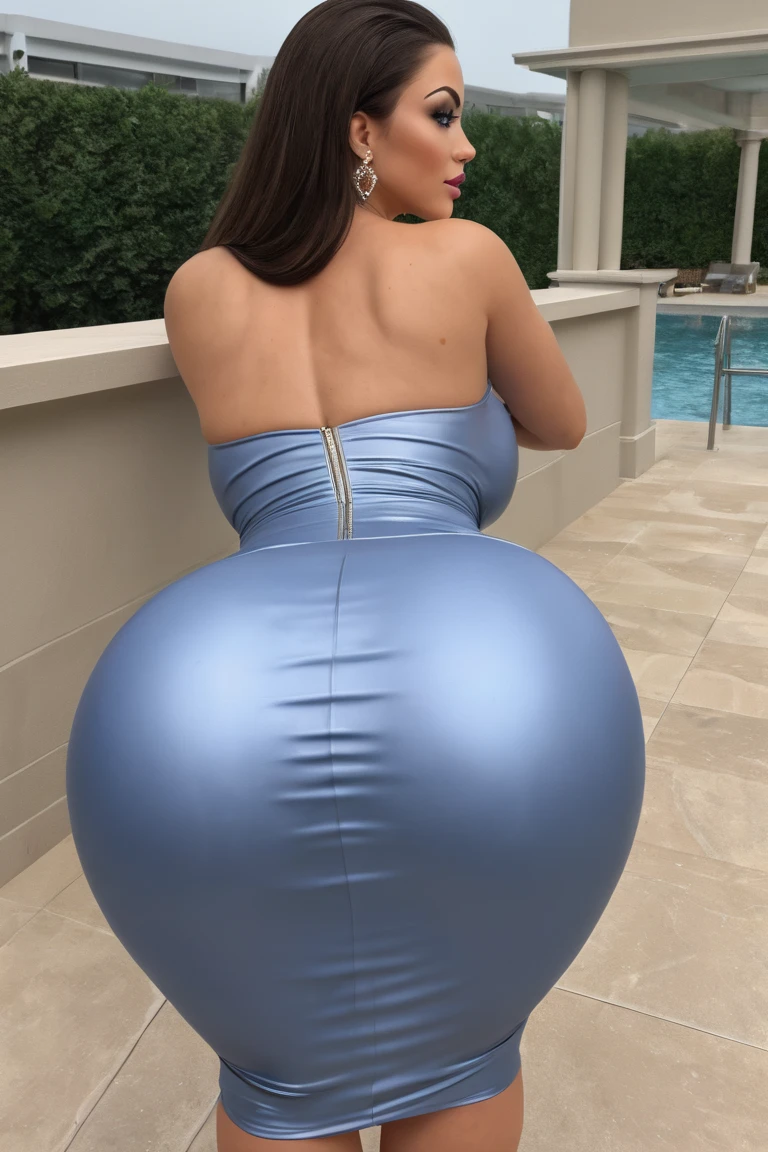 Ultra-realistic 8K CG)、Top image quality、top-quality、Shower room、1 girl、(full body Esbian)、((from the front side))、((open stance:1.7)))、BREAK(gigantic breasts:1.4)、(realisitic:1.5)、absurderes、(Photorealsitic:1.6)、octane renderings、(realistic skin textures)、(Beauty:1.5)、(see the beholder:1.2)、(A smile:1.2))、(cute little)、BREAK(bangss)、 (((The color of the one-piece swimsuit is dark blue)))、(onepiece swimsuit)、(armsbehind back:1.6)、high-heels、Angle from below, mamma size, curvy body,