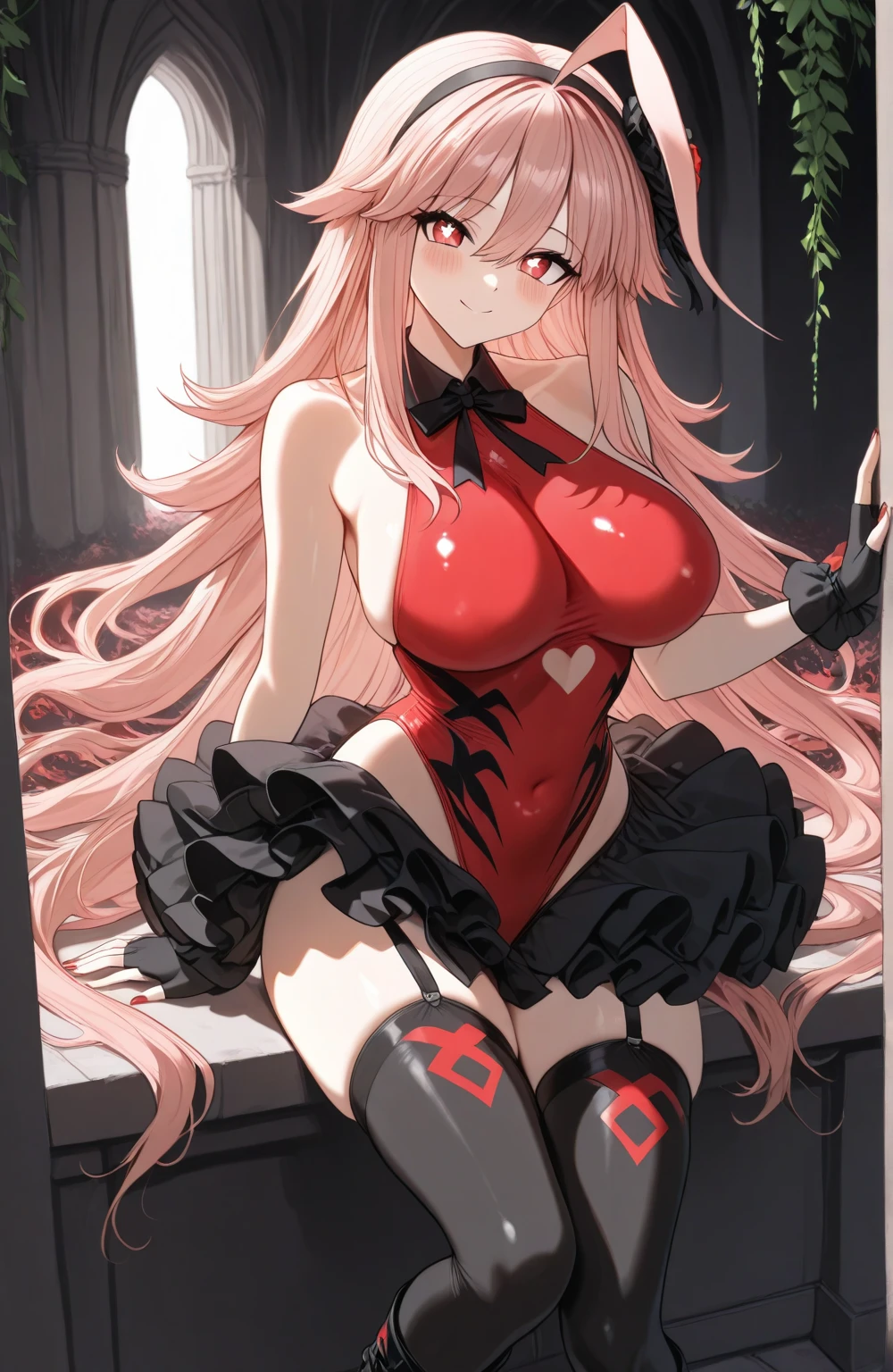 (mega boobs:1.5), (((Safe and secure、Zero Two、everyone、safety sensor、Safe work、Absolutely safe、sffns:1.8, SFW:1.8, safety)))、 masterpiece、high quality、High resolution、Big cleavage 、Exclamation mark, Many Hearts,Voice of the Heart:1.5, Comic Strip, Lots of heart bubbles,(Oversized long t-shirt with bare shoulders)、(Pure white golden hair and dark brown skin:1.5,Underbust:1.0, Glossy leather miniskirt、Pink Bed, sexy、Slender model body type、skinny、Heavy makeup, gyaru makeup)、Full Shot, (Dark closed room:1.8)、Beautiful 18 year old girl with perfect details、teasing、bodycon costume、Detailed Background、Messy bedroom、An apartment room、