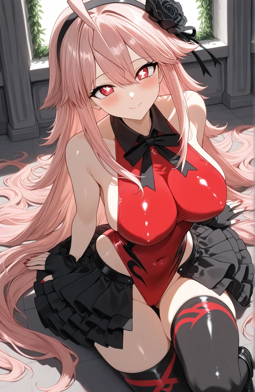((Top Quality, 8k, Masterpiece: 1.3)), Crisp Focus: 1.2, ((Solo: 1.5, 1 girl)), Beautiful Woman with Perfect Figure: 1.4, Slender Abs: 1.2, ((Layer-Cut, Big: 1.2)), Wet Body: 1.5, Highly Detailed Face and Skin Texture, Detailed Eyes, Face, Double Eyelids, pink medium hair, blunt bangs, red eyes, Round face, BDSM, Red Corset: 1.3, gloves, boots, Bondage, slave, Slave Collar, tight stockings, panties aside, high leg, mole on chest, (in prison cell), areola slip, ((ass visible through thighs: 1.2)), makeup, ((open mouth: 1.5, stick tongue out: 2.4)), rolling eyes: 1.3, ahg, Collars and leashes, submissive, ((seductive smile: 2.1, drooling: 1.4)), wide-eyed, glowing eyes, nose blush, upturned eyes: 1.3,