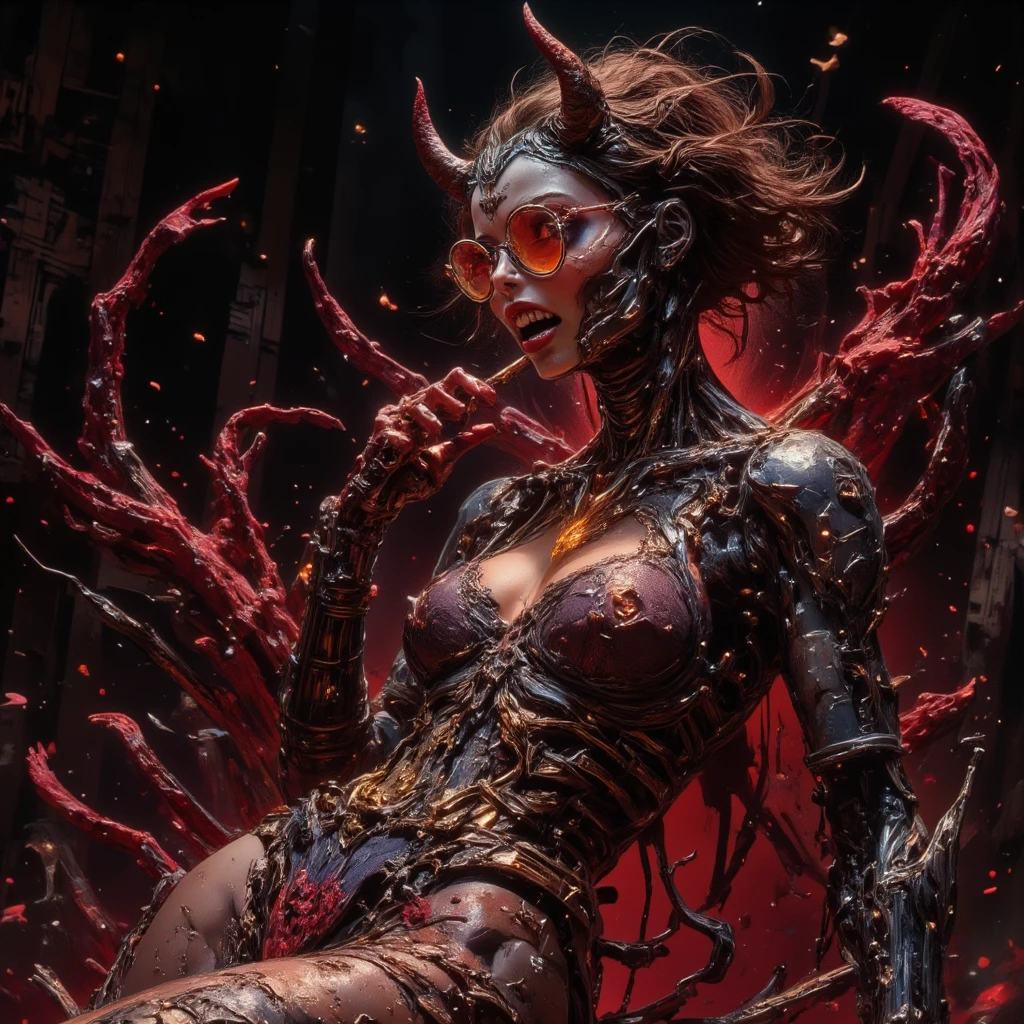 Megan fox as female carnage, (red carnage skinless muscular physique:1.25), (carnage anatomy with exposed muscles and veins:1.25), (hair tentacles:1.25), (mouth wide open with tongue out, carnage style), standing atop a high skyscraper at night, Realistic, Very detailed face and eyes, (masterpiece:1.1), (best quality:1.1), (beautiful girl face:1.45)