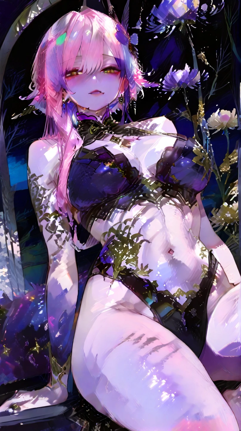 ((True best masterpiece, Ultimately perfect quality, Extremely delicate details)), ((Purple skin, Slim body, Whole body)), A skinny girl with small bust, With strong-purple skin, With purple hair, Wearing a black lingerie, In the darkness, Blooming wisteria