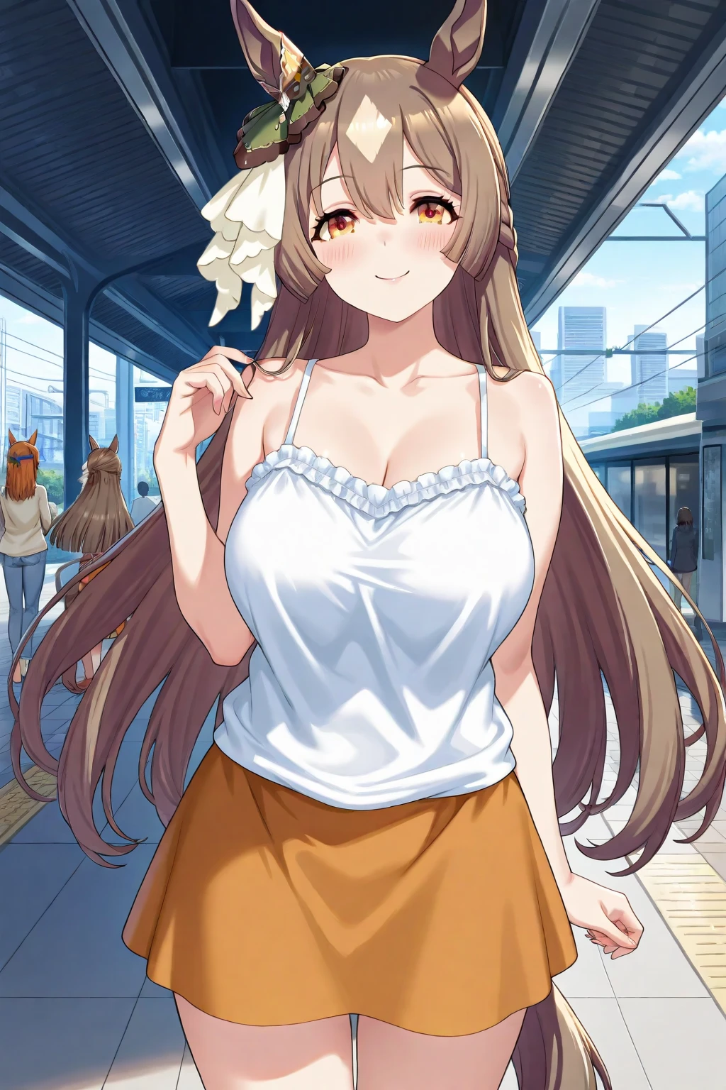 Highest image quality,masterpiece, highest resolution, 1 girl, outdoor, nsfw, blush, gigantic breasts, nipple, horse ears, horse tail, city, street, crowd, Satono Diamond