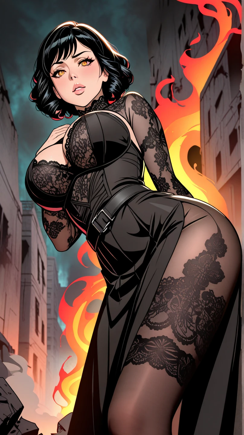 (Best Quality, Masterpiece: 1.1), (Fidelity: 1.4), (Anatomy: 1.1), Woman, Upper Body, Lustful Look, Flushed Face, Pleasure, Lustful Expression, Half-Open Mouth of Pleasure, Long Black Hair Fluttering, On the Balcony, Night Moon Light, Lace Stockings, Lace Choker, Flying Hearts, Micro Lingerie Without Tight Silk Strap, Crouching Position, Open Legs, Full Body, High Heels,  Wide hips, bare crotch, camel paw, detailed pubic anatomy, full breasts, looking at the viewer, pov from below, comics style, analog style, illustration, lineart.