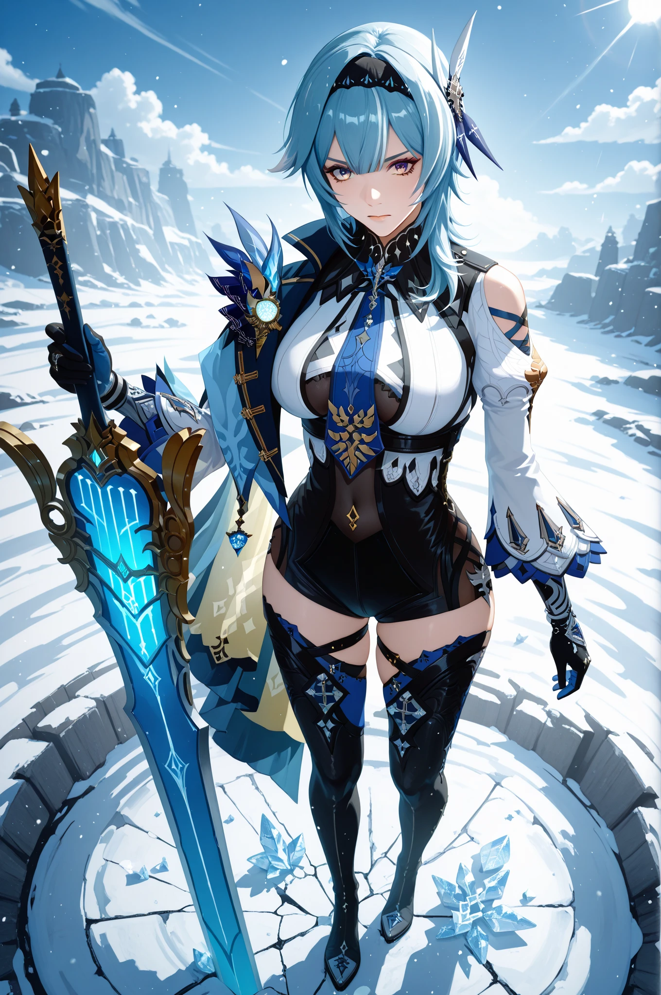 best quality, ultra detailed 8k cg render,,masterpiece, high resolution, extremely detailed,official art,science fiction, ice background,ice,(very wide shot),light and shadow,dynamic lighting,1 girl,solo,full body,attractive face ,(dancing:1.2),spread arms,looking at looking at viewer,smile,blue hair,side ponytail,black hairred eyes, long eyelashes,red eyes,straight eyeliner,tiny girl,see-through dress, glowing, glow white,mecha musume, headgear,(highly detailed full blue armor),a heavy mech with massive and strong design,((belly button visible, wide skin area,nsfw)),