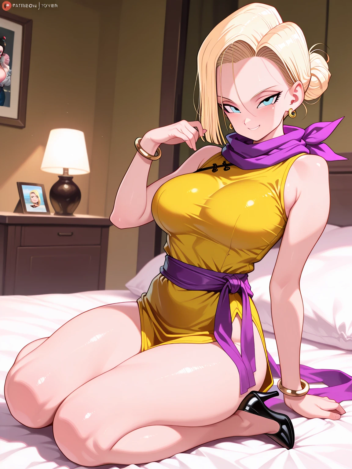 (((Solo)))、(((mature、Big Tits、naked、Erotic)))、High resolution, Dragon Ball, Android 18, anime, masterpiece, One girl, ((Slut))), Sexy Face, blue eyes, Blonde, Medium Hair, Curly Hair, Swollen lips, Painted lips, Thick lips, Wide Hips, Thick thighs, Huge fake breasts, Shiny skin,, Flower Hair Ornaments, jewelry, Earrings, choker, See-through, Oily skin, Intimidating, From below、(bed)、Pubic hair、(Fishnet tights)、Gorgeous pastel-colored kimono、Sexy panties、(Embarrassed)、Wet Skin、Sweat