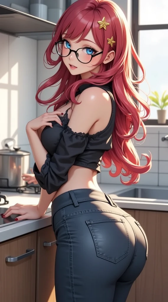  (masterpiece,  computer, mejor quality,  Clear focus, shadow, anime-style, Ultra High Resolution, 8K, perfect anatomy, perfect face, (detailed face), (  Detailed eye  ), score_9, score_8_above, score_7_above, score_6_above, score_5_above, score_4_above,  source _animated, Label 1, Label2, quality_masterpiece, Anatomically Correct Nipples, beautiful face, perfect face, Beautiful and highly detailed face and eyes, Attractive face, detailed face, delicate facial features, detailed skin, huge breasts, breast size cup D or DD, wide hips, gigantic ass, thick thighs. looking at the spectator. Anime-style illustration of a beautiful woman with an elegant and sensual look. Young anime girl in a modern kitchen, with a flirty expression and suggestive pose.  has long ,  wavy and bright red , adorned with gold clips in the shape of stars. She wears black-framed glasses and big colored eyes intense blue. She wears a tight black long sleeve blouse, partially raised to show off a very revealing black lace bra. She is leaning slightly forward,  resting on the countertop , with tight jeans that highlight her hips and buttocks. In the background you can see pots over the kitchen, a wall with white tiles and a window that Let in natural light. Highly detailed digital art style, with a focus on hair shine, texture of the clothes and provocative facial expression.