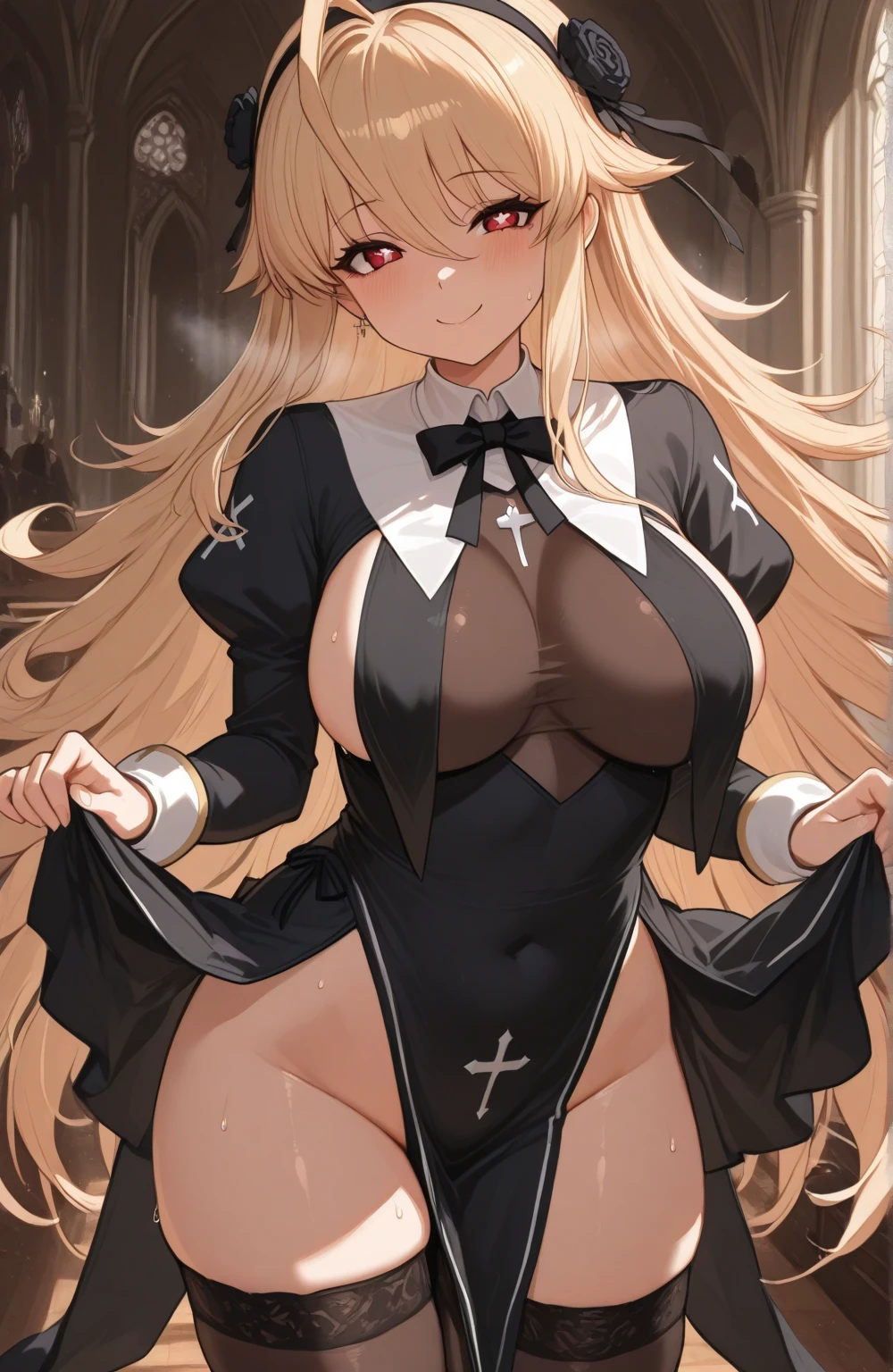 1girl, solo, asuna, large breasts, smiling, ((nun super small outfit), nun veil, necklace), church background, beautiful face, perfect detailed lines, (masterpiece), no blur, 8k image. Super tight, translucent clothes, small mini lace lingerie, hard nipples, showing lot of skin