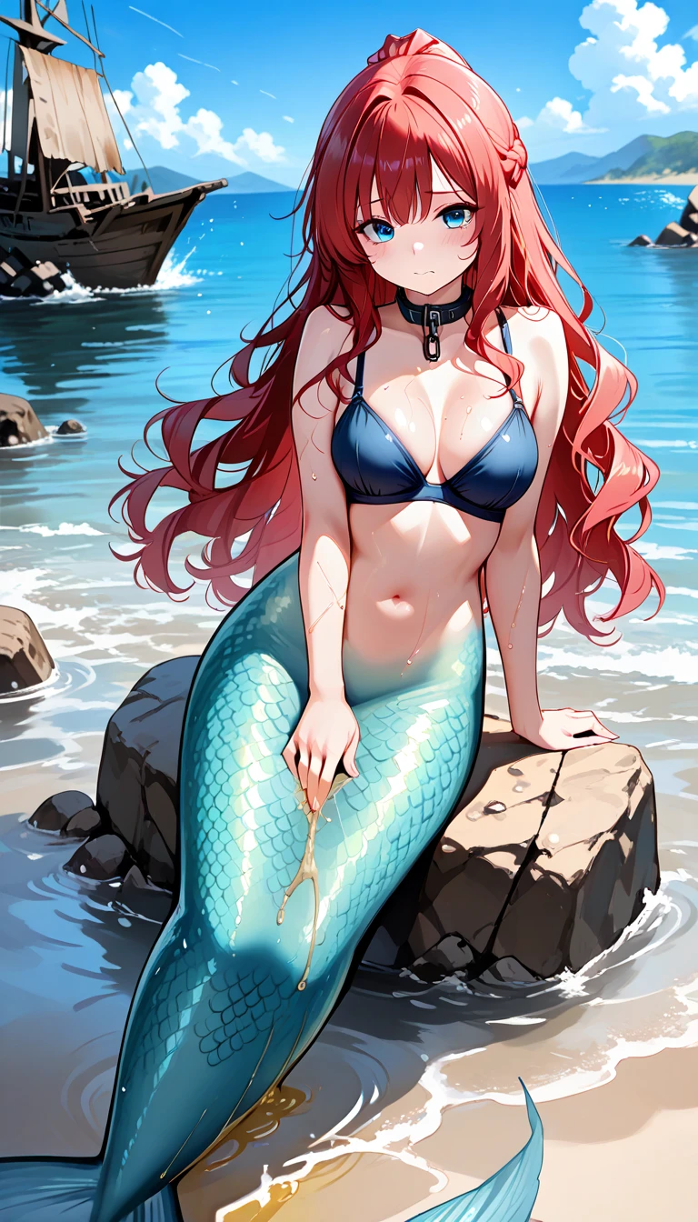 4K.hight resolution,One Woman,Red Mermaid,a blond,Longhaire,huge tit,Little Mermaid,Seashell bra,jewel decorations,Pearl decoration,tiarra,under the water