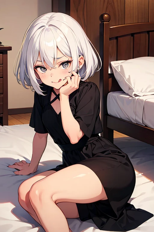 ((highest quality)), ((masterpiece)), (be familiar with), Perfect Face, indoor, Bedroom, Watching the audience,
One woman, Antiline Helan Fouché,
Open Mouth, Ecstatic expression, blush, smile,
Small breasts, Flat Chest, Young Girl, , , Girl,
Short Hair, Black and white hair, Two-tone color, Black and white eyes, Odd Eye, short hair,
Leg spread,
