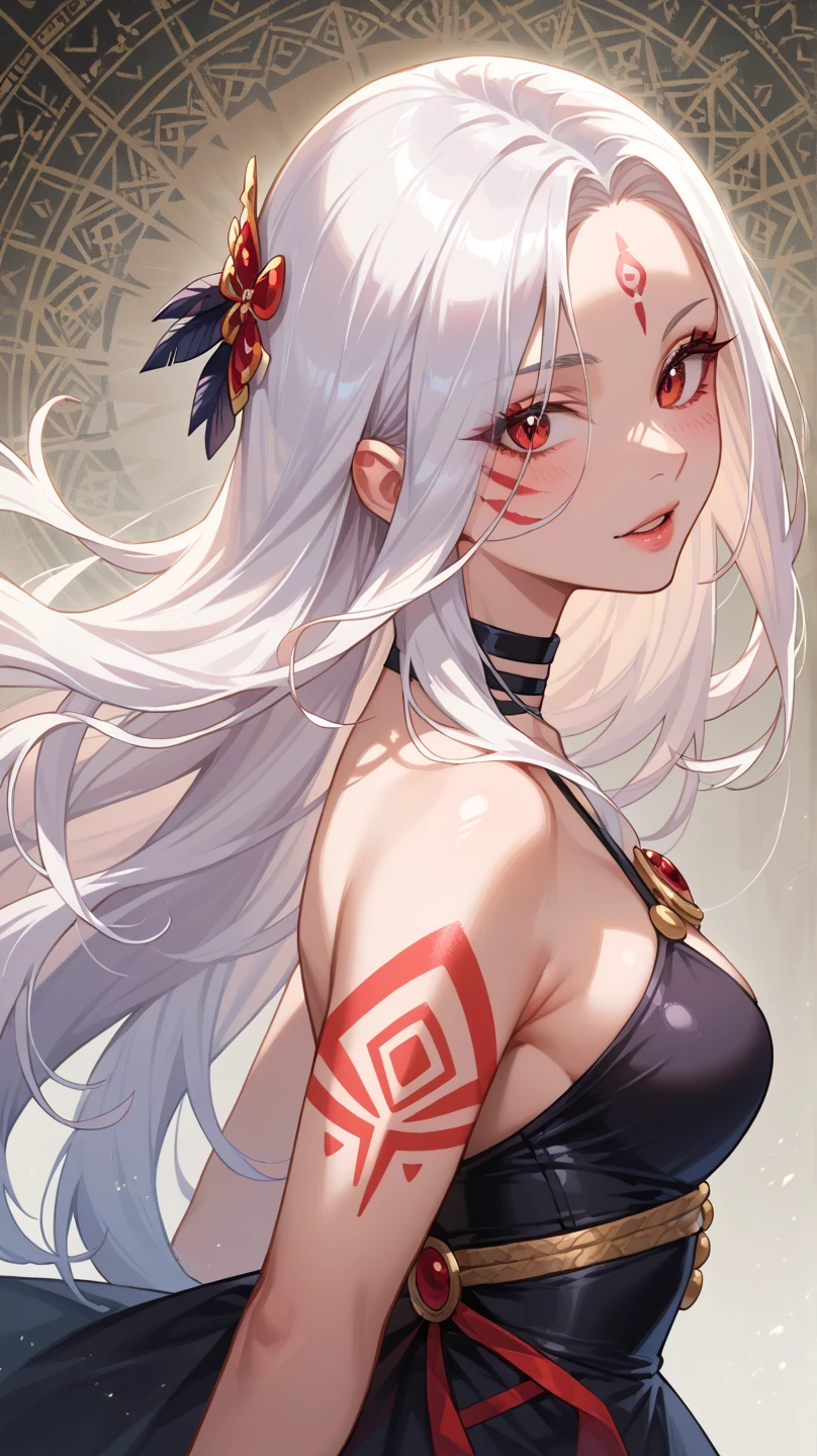 Style 9,1 woman, laying on sand, yamato one piece, long hair, white hair, horns, yellow eyes, detailed eyes, white clothes, red skirt, big breasts, illustration,beautiful background,whole body,high angle shot, from above, Beautiful photography pose,profile,view at viewer, brown eyes, high detailed wallpaper, high quality, masterpiece