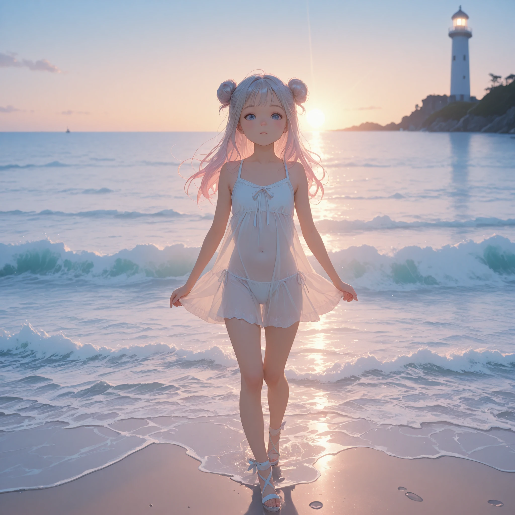 masterpiece,best quality 748cmstyle,amazing Little Cudaly, young girl around 4-s old, adorable and cuddly,  extremely cute , adorable and cuddly , playing with her onichan, capturing the essence of Mucha's romantic style reimagined for modern mythology. Footprints in Snow, On a snow covered coastline, a series of footprints lead to a  lighthouse. The sky is deep blue, with waves gently crashing against the shore, and the lighthouse's lights appear particularly bright in the night. The painting style is peaceful, with soft color contrasts, showcasing the loneliness and perseverance of the Watcher, Covered in silver highly detailed in, undefined,. Include vibrant pastel colors, sleek lines, and a retro summer atmosphere. The style should be reminiscent of vintage travel posters with a modern twist, mphasize the fluidity and movement of the dream world through dynamic brushstrokes and abstract forms