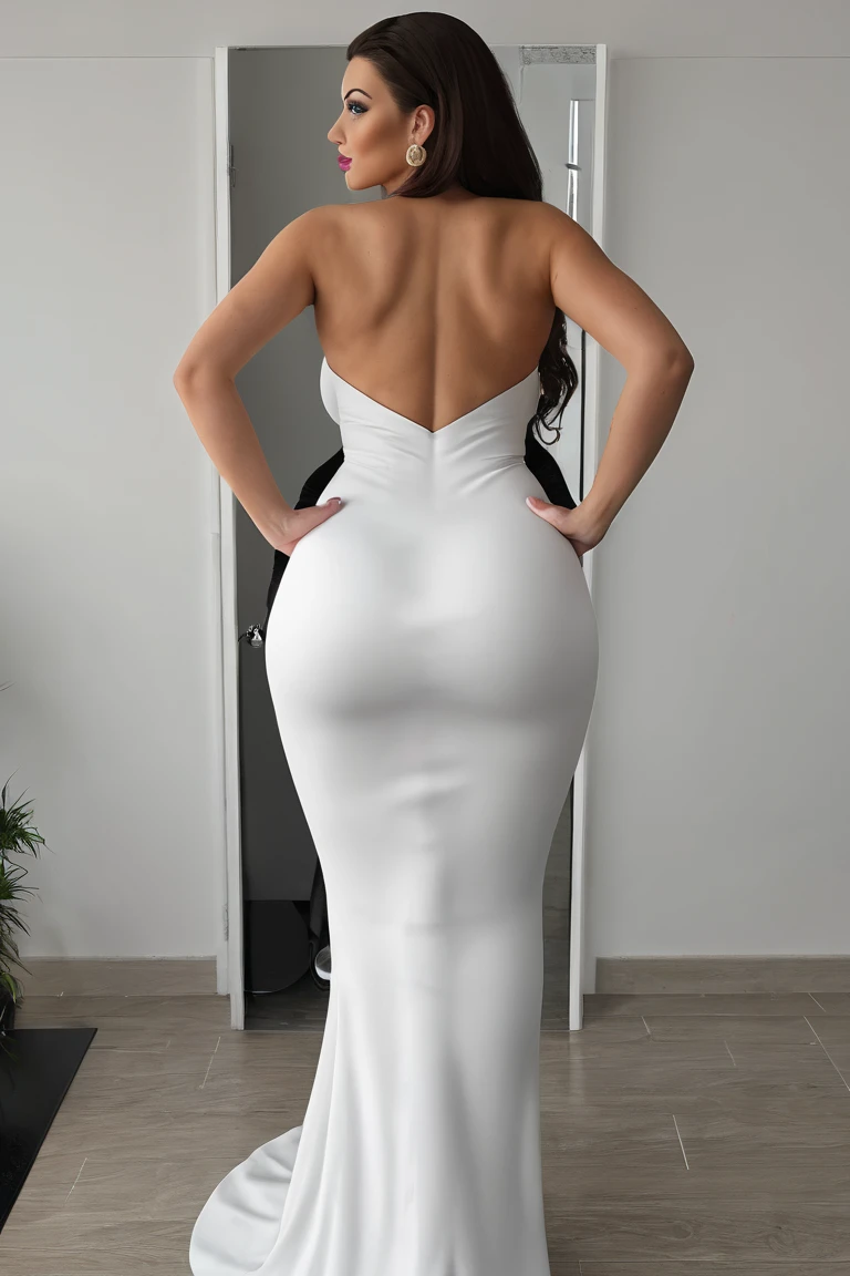 a women in white aodai ,best quality, masterpiece,(realistic:1.2), curvy hourglass body, huge breasts, solo, 1 girl, deep v-shape neck, full body, front and back view.